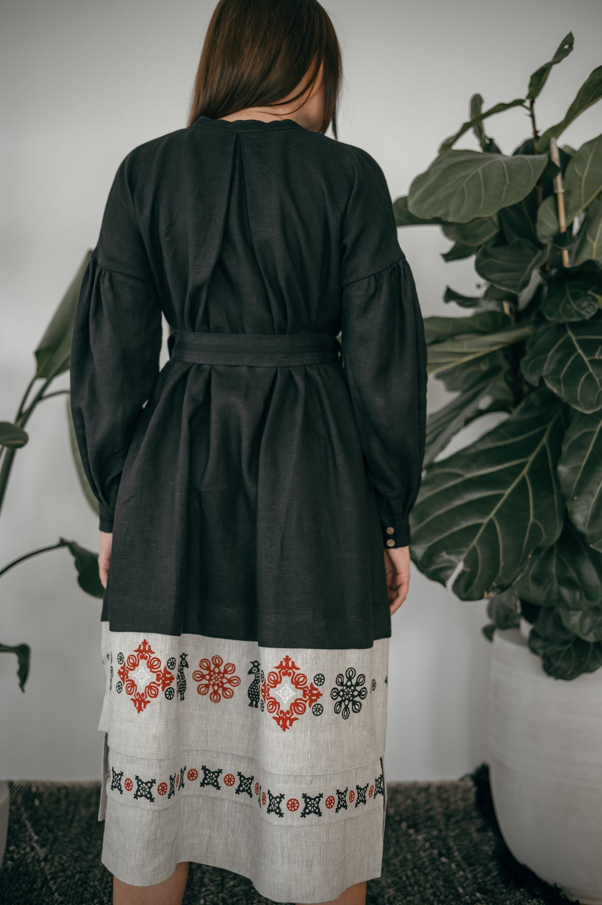 Black Ukrainian Midi Dress with Traditional Block Print
