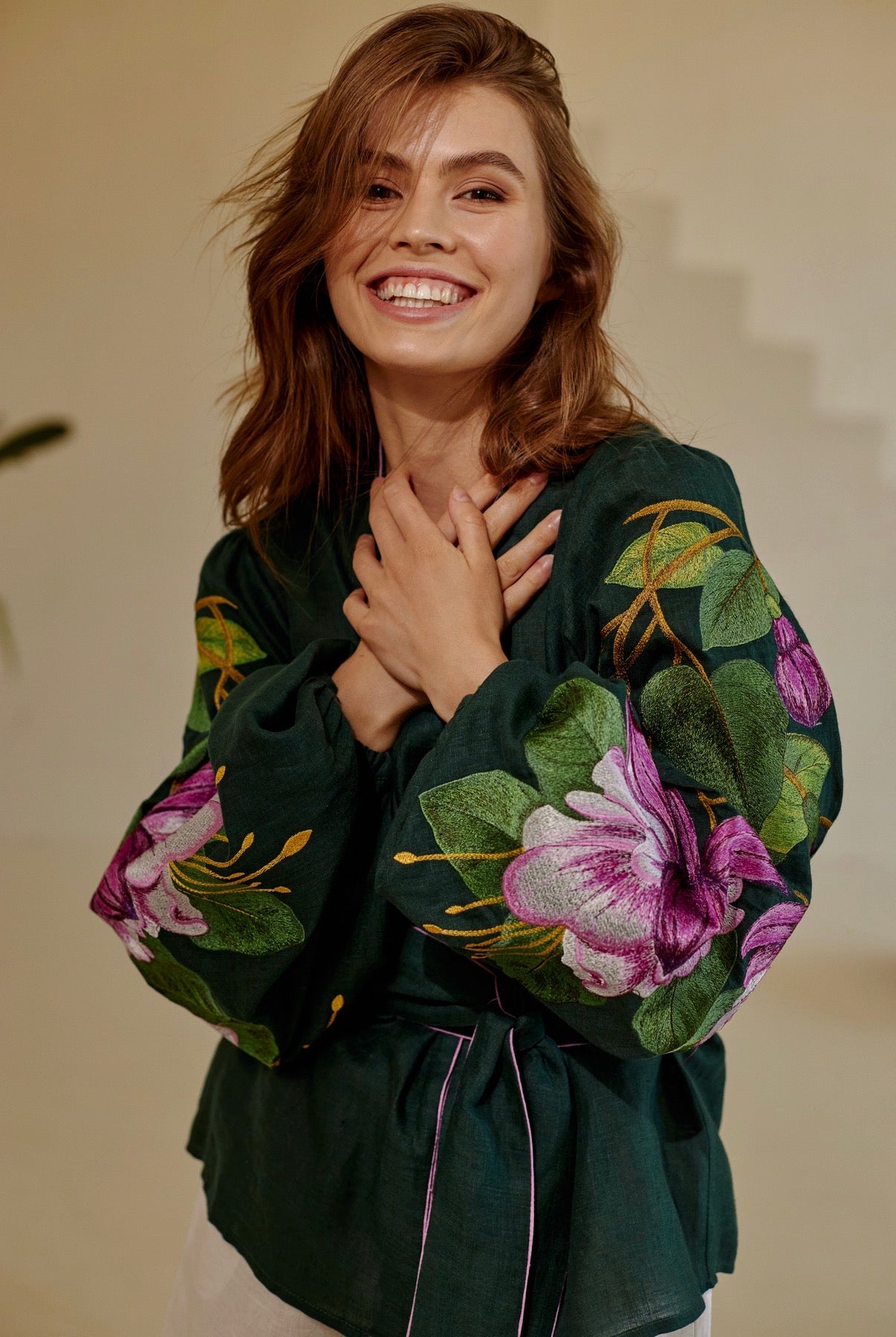 Women’s Embroidered Blouse "Fuchsia" – Green Ukrainian Vyshyvanka with Belt