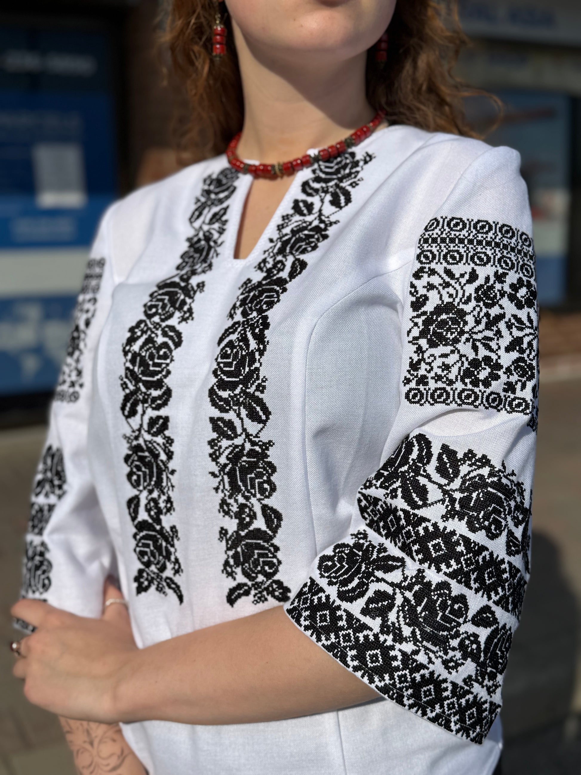 Pearl Embroidered Shirt (Women’s - Black, 3/4 Sleeve)