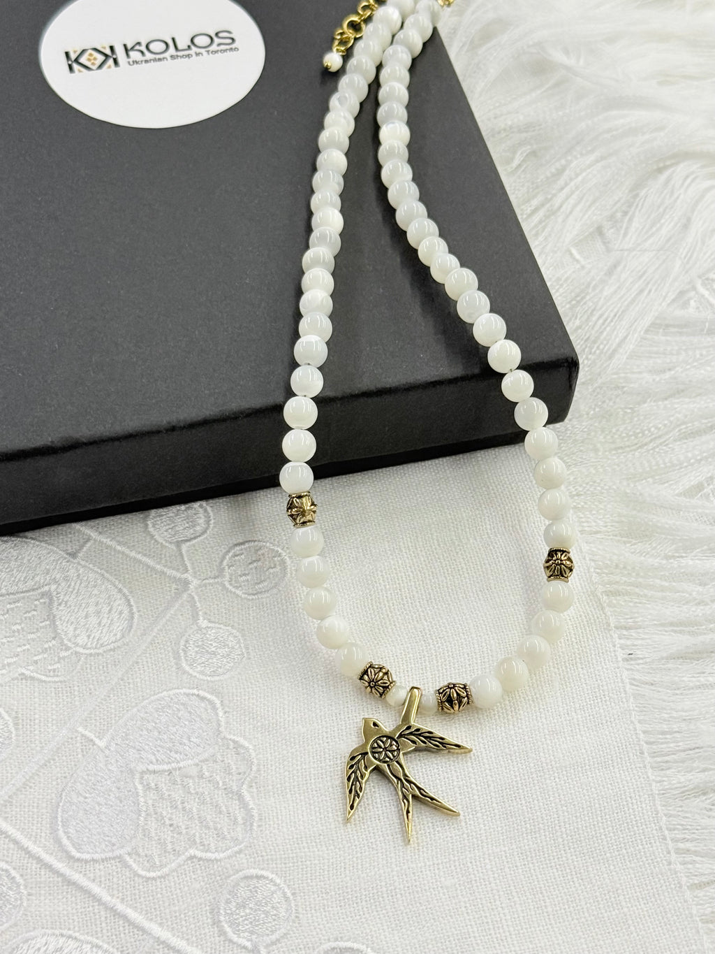 Mother of Pearl Necklace with “Swallow” Brass Pendant