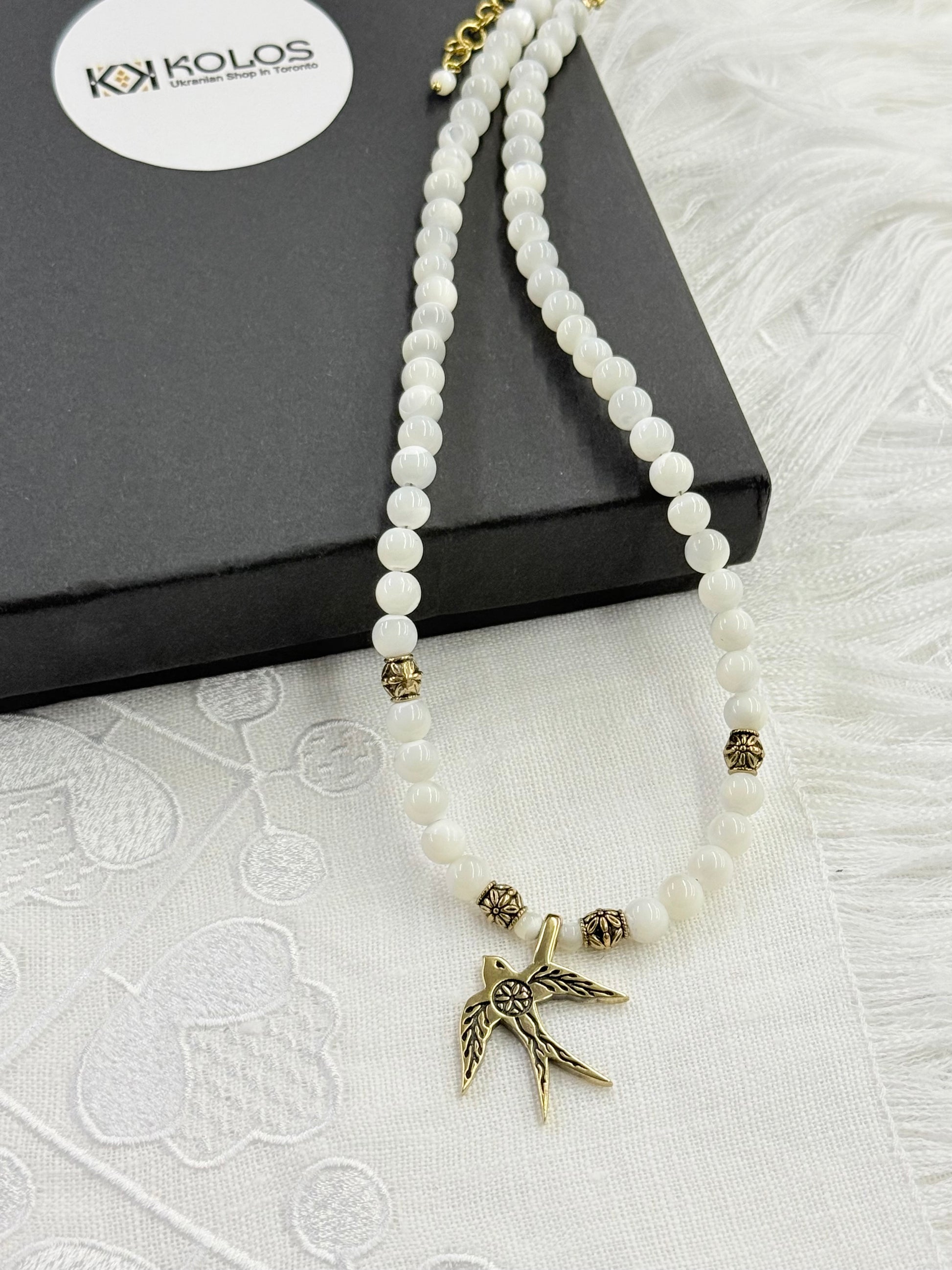 Mother of Pearl Necklace with “Swallow” Brass Pendant