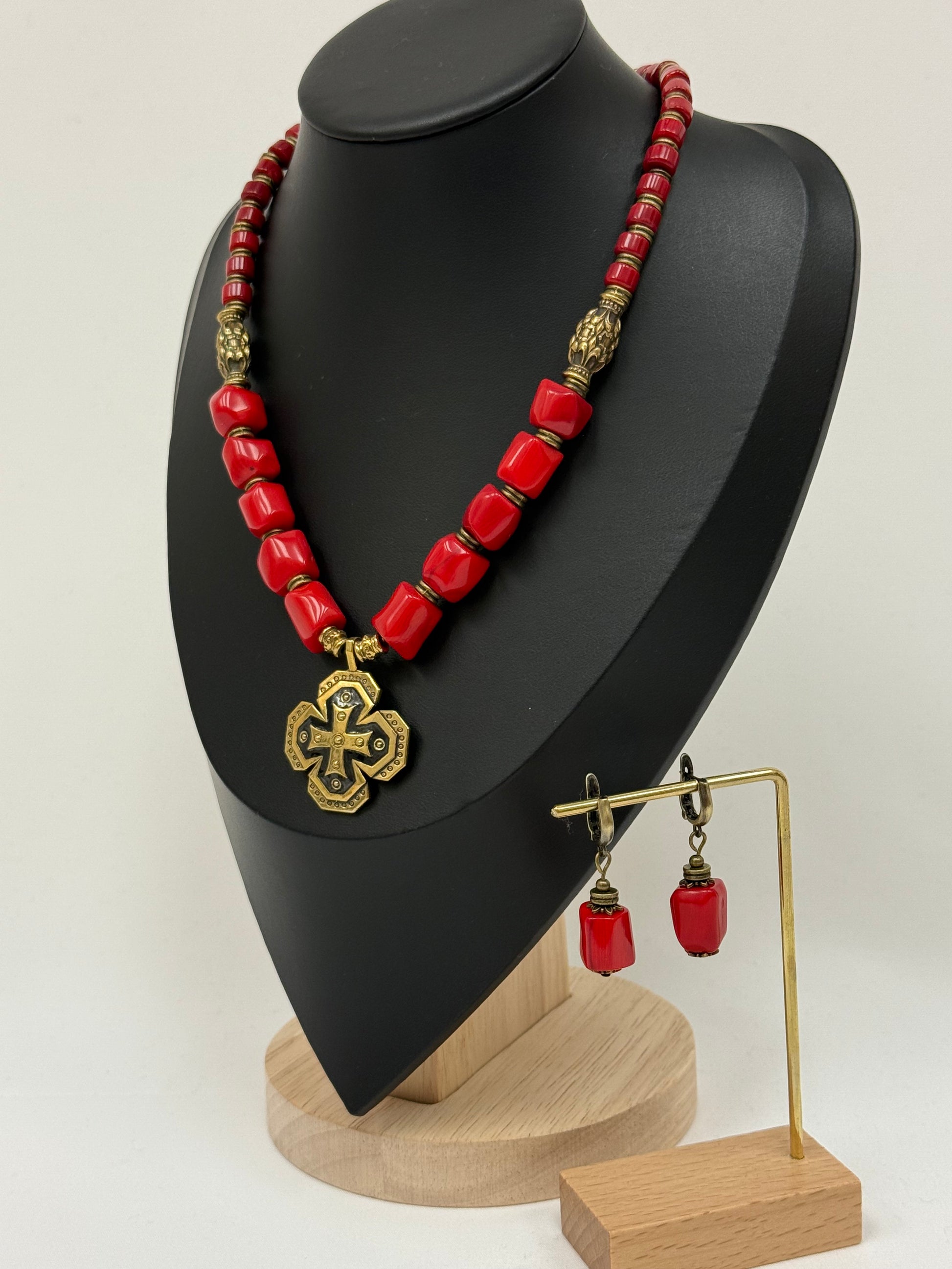 Single-Strand Necklace – Red Coral with Brass Cross Pendant