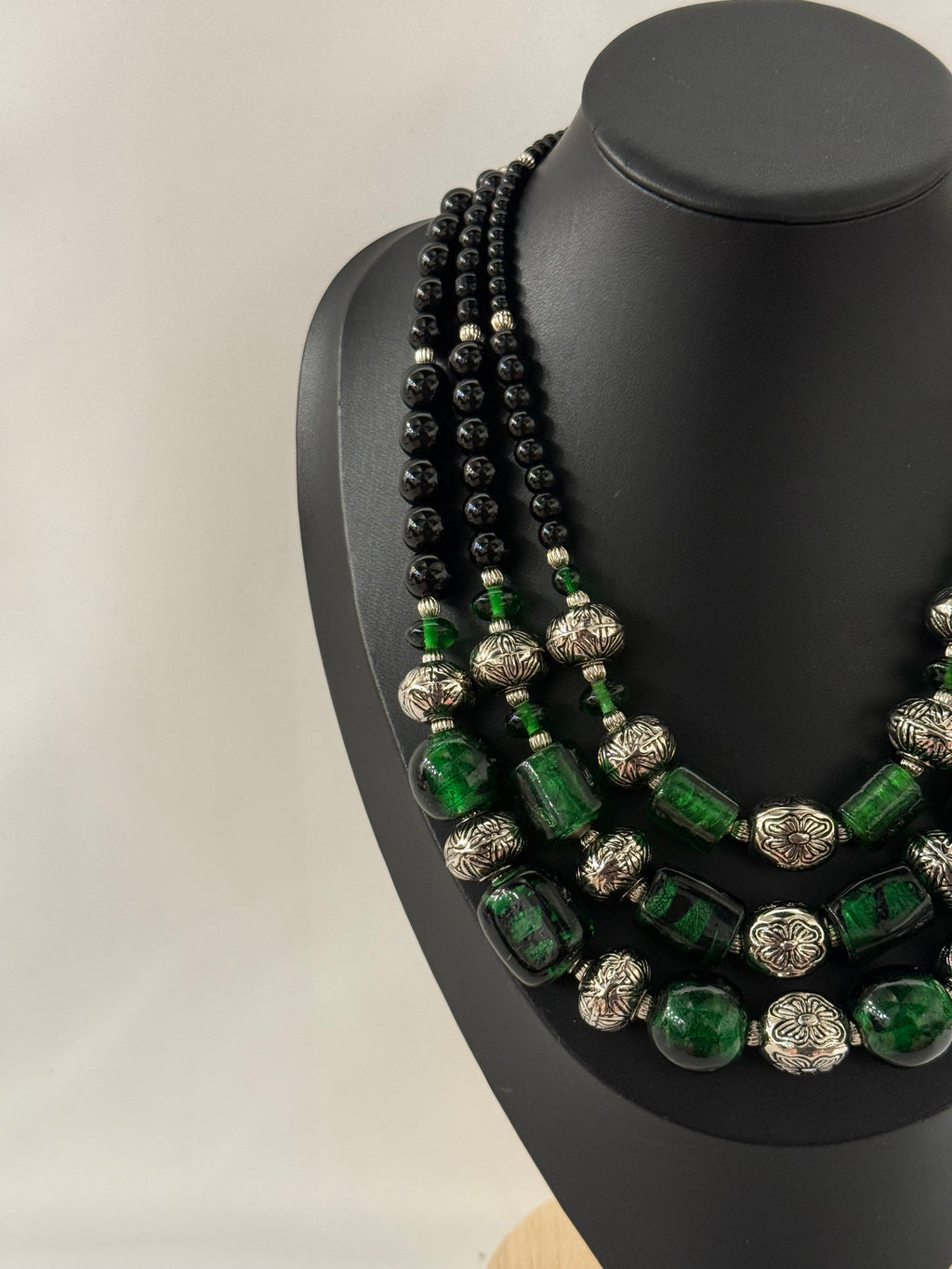Triple-Strand Luxury Necklace in Vintage Murano Green Glass | Three Strands