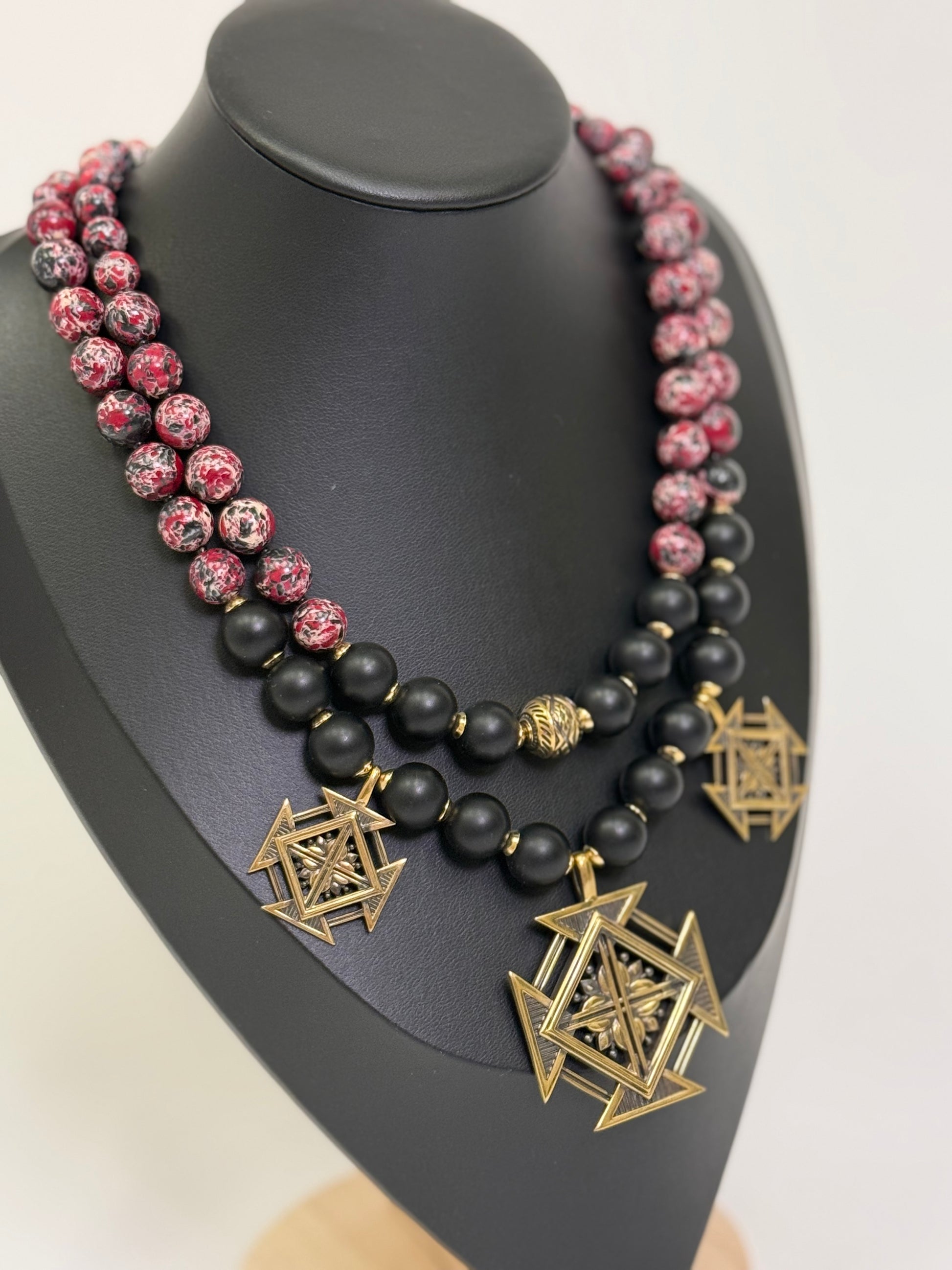 Natural Burgundy-Black Stone Necklace with Brass 'Khrestovi' Zgardas