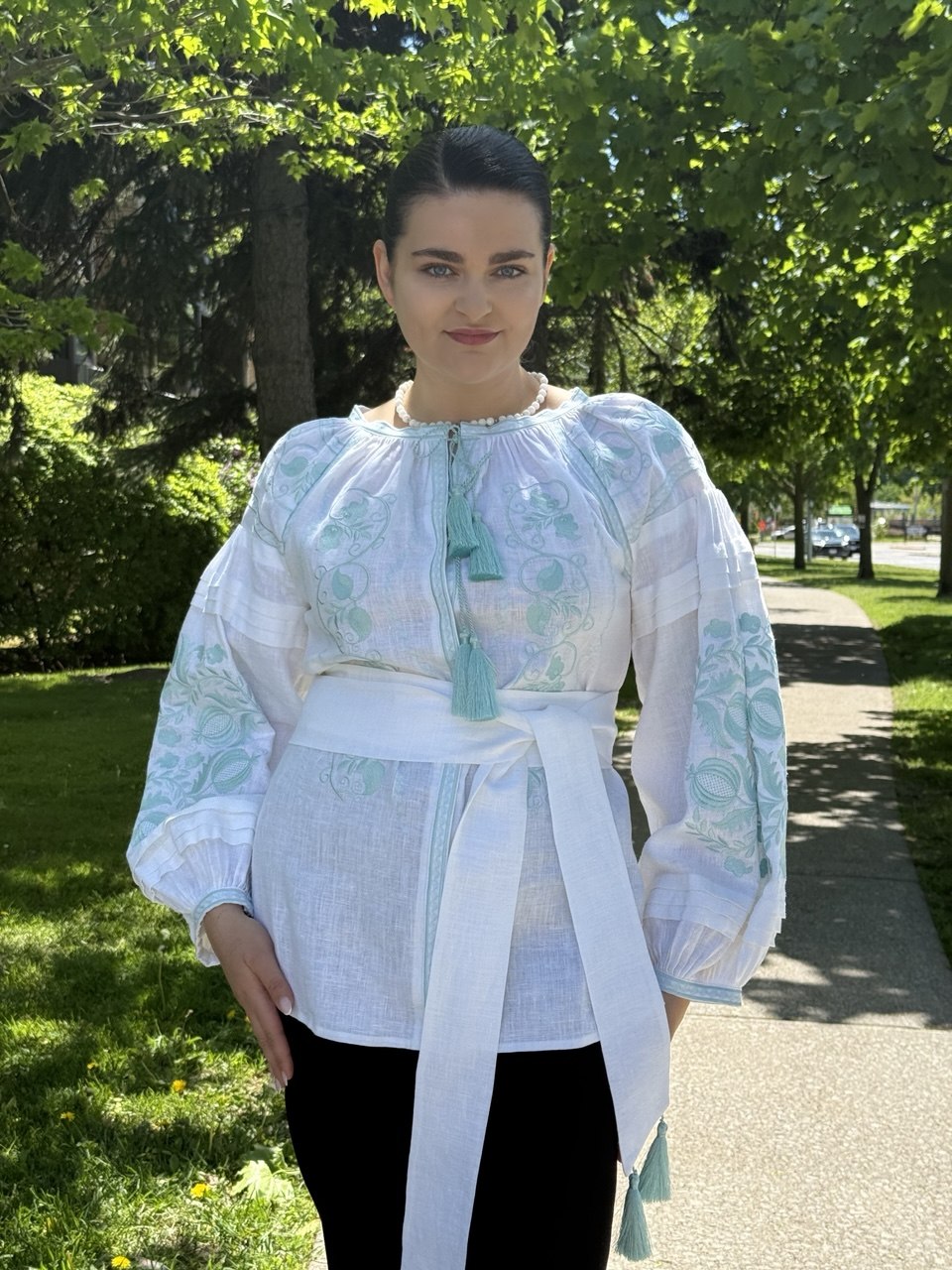 Women's White Embroidered Blouse with Mint Floral Embroidery & Belt