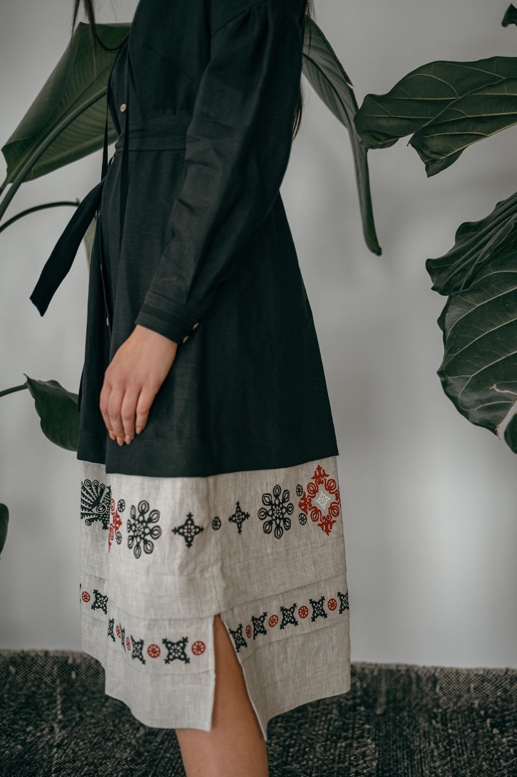 Black Ukrainian Midi Dress with Traditional Block Print