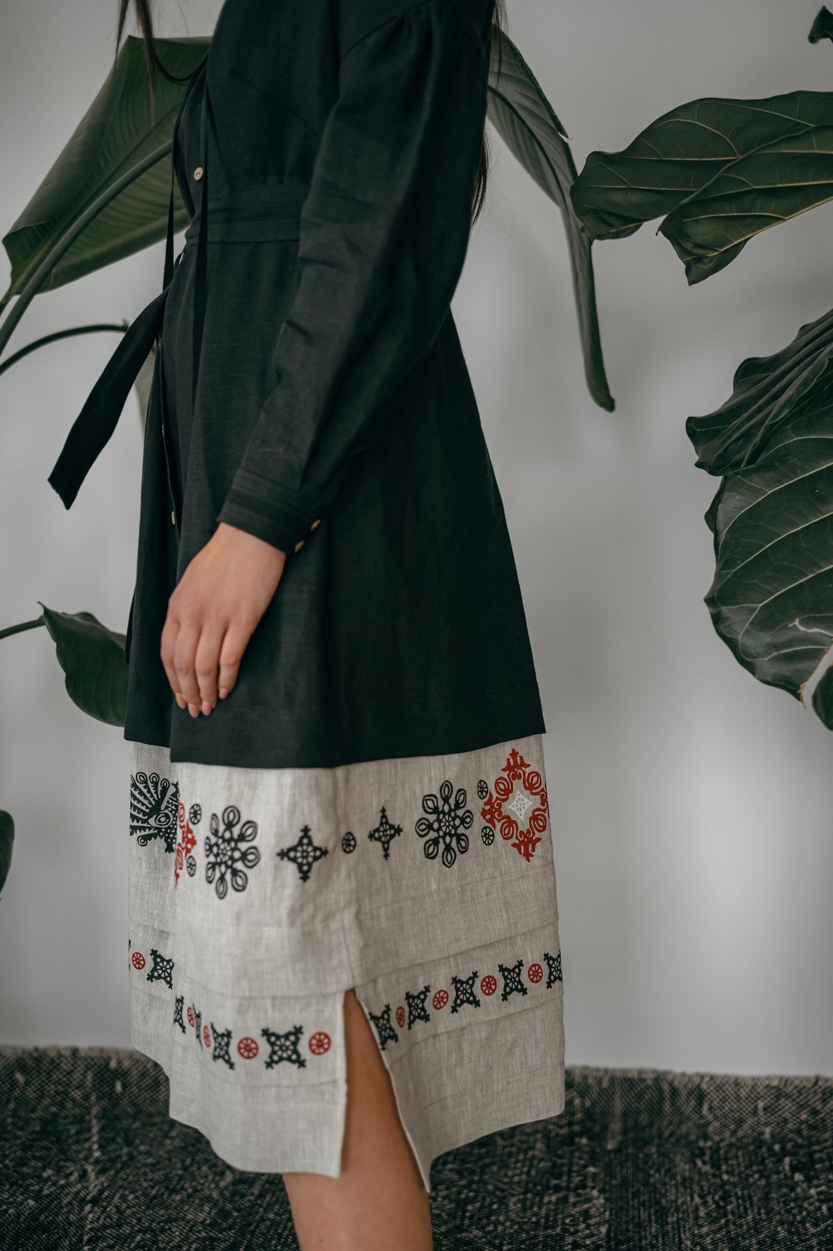 Black Ukrainian Midi Dress with Traditional Block Print