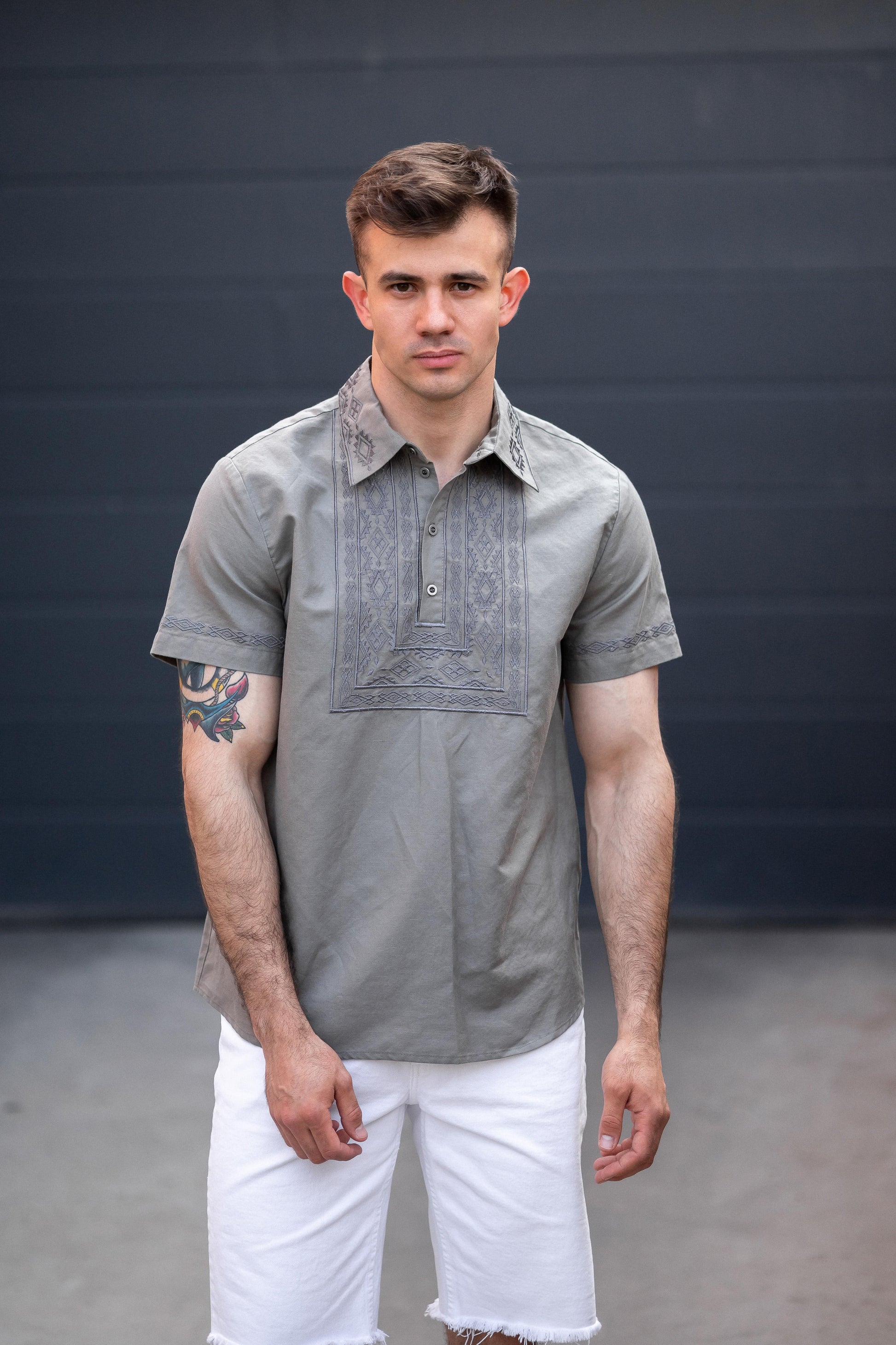 Men’s Khaki Cotton Embroidered Shirt (Short Sleeve)