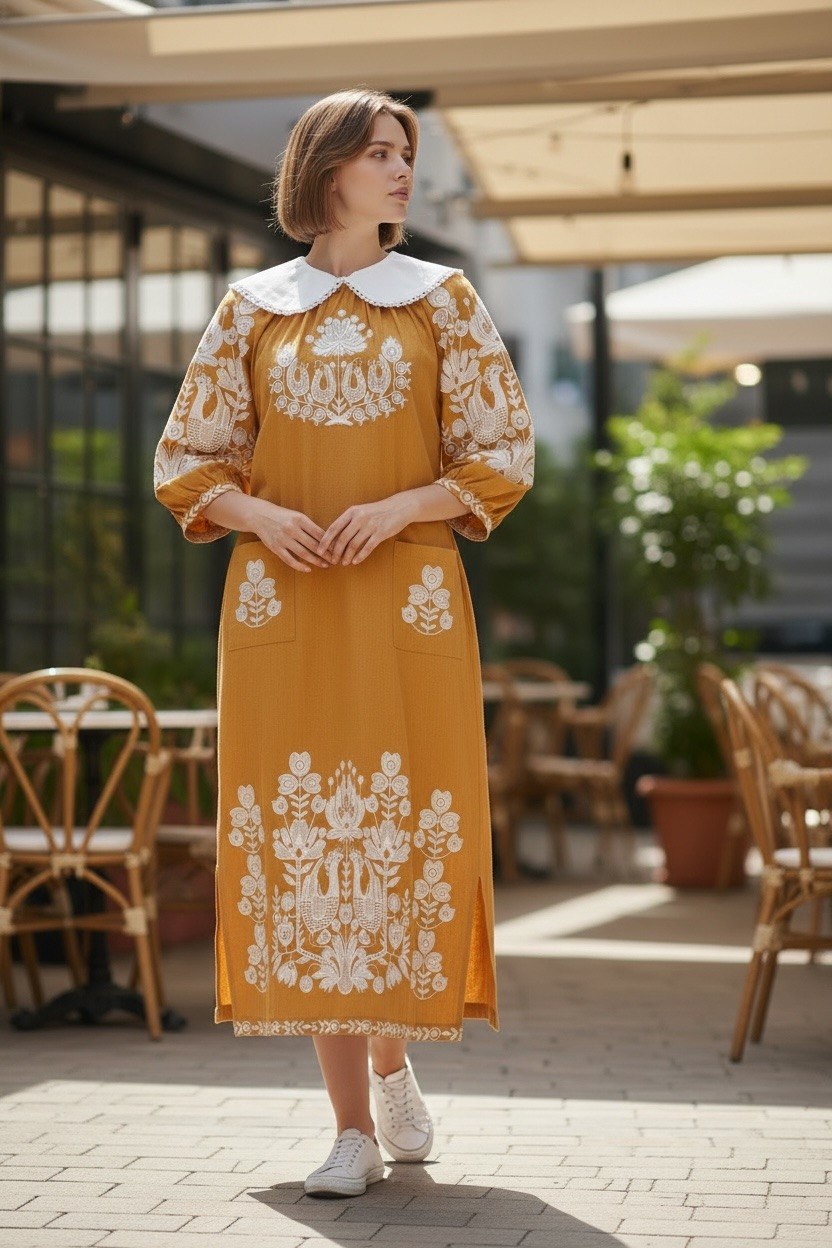 Women's Mustard Midi Embroidered Dress with White Floral Embroidery
