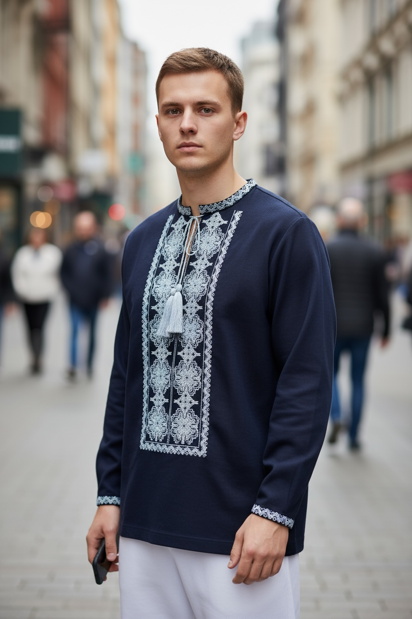 Men’s Dark Blue Vyshyvanka With Traditional Embroidery Long Sleeve