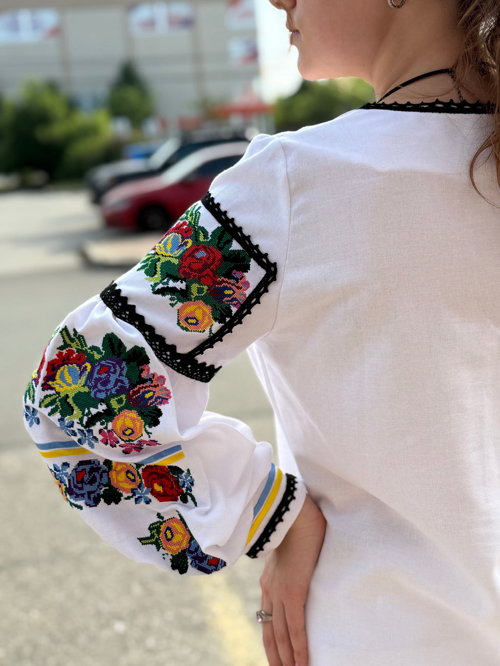 Women’s Embroidered Shirt "Patriotic" – White Ukrainian Vyshyvanka with Floral Motifs