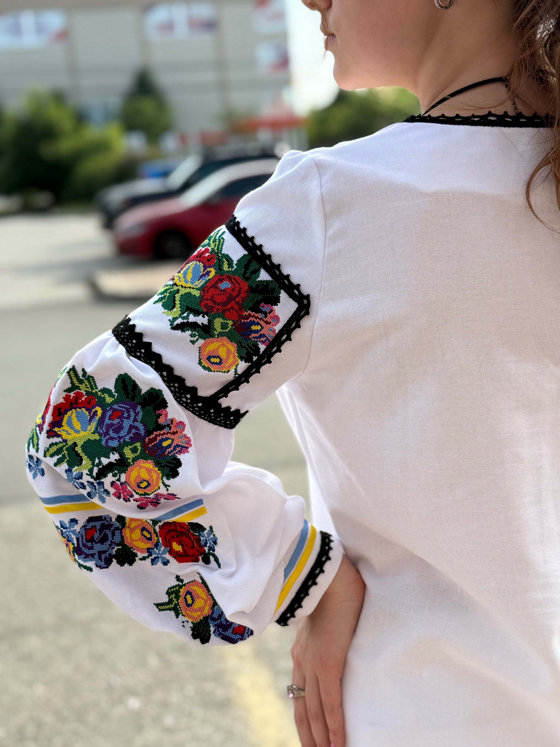 Women’s Embroidered Shirt "Patriotic" – White Ukrainian Vyshyvanka with Floral Motifs