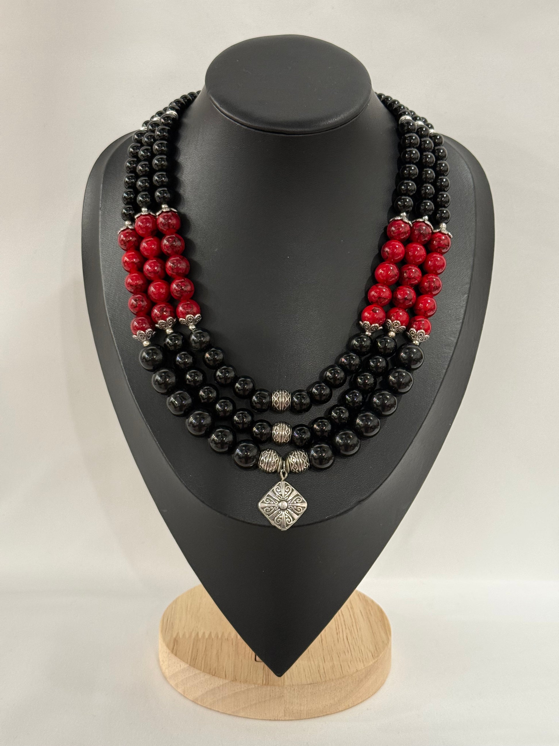 Triple-Strand Black and Red Necklace with Onyx and Ceramic Beads | Three Strands