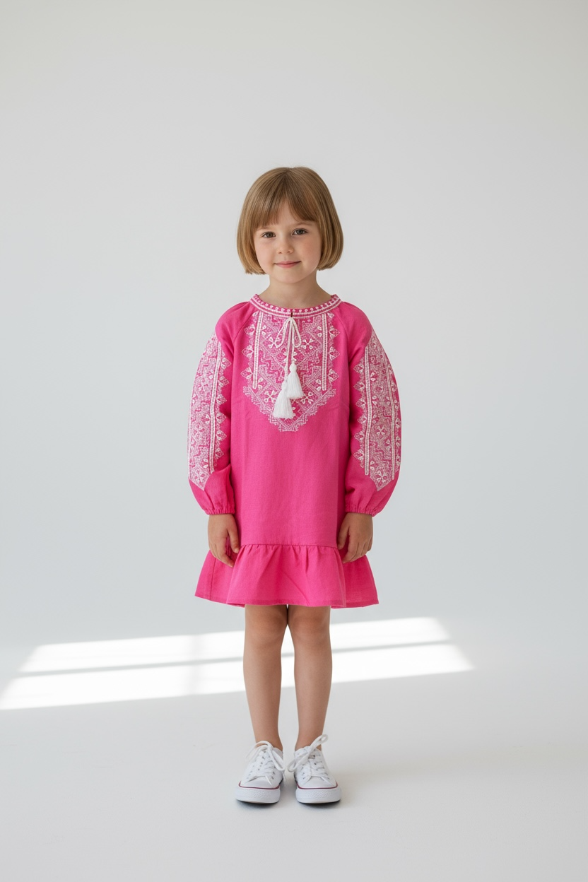 Girls Pink Viscose Vyshyvanka Dress Long Sleeve In Ukrainian Traditions