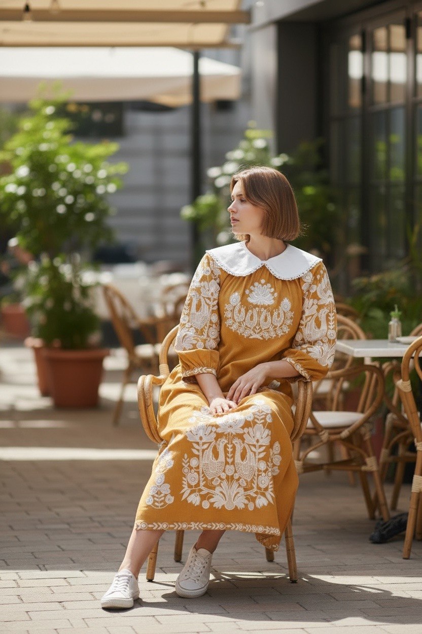 Women's Mustard Midi Embroidered Dress with White Floral Embroidery