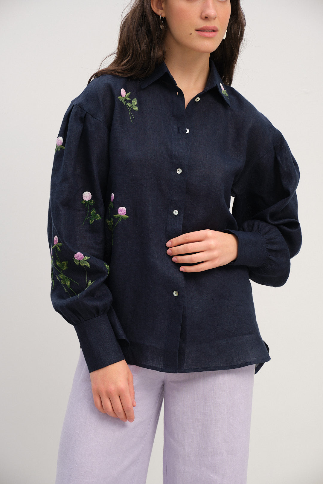 Dark Blue Linen Shirt with Puffy Sleeves and Hand-Embroidered Clover