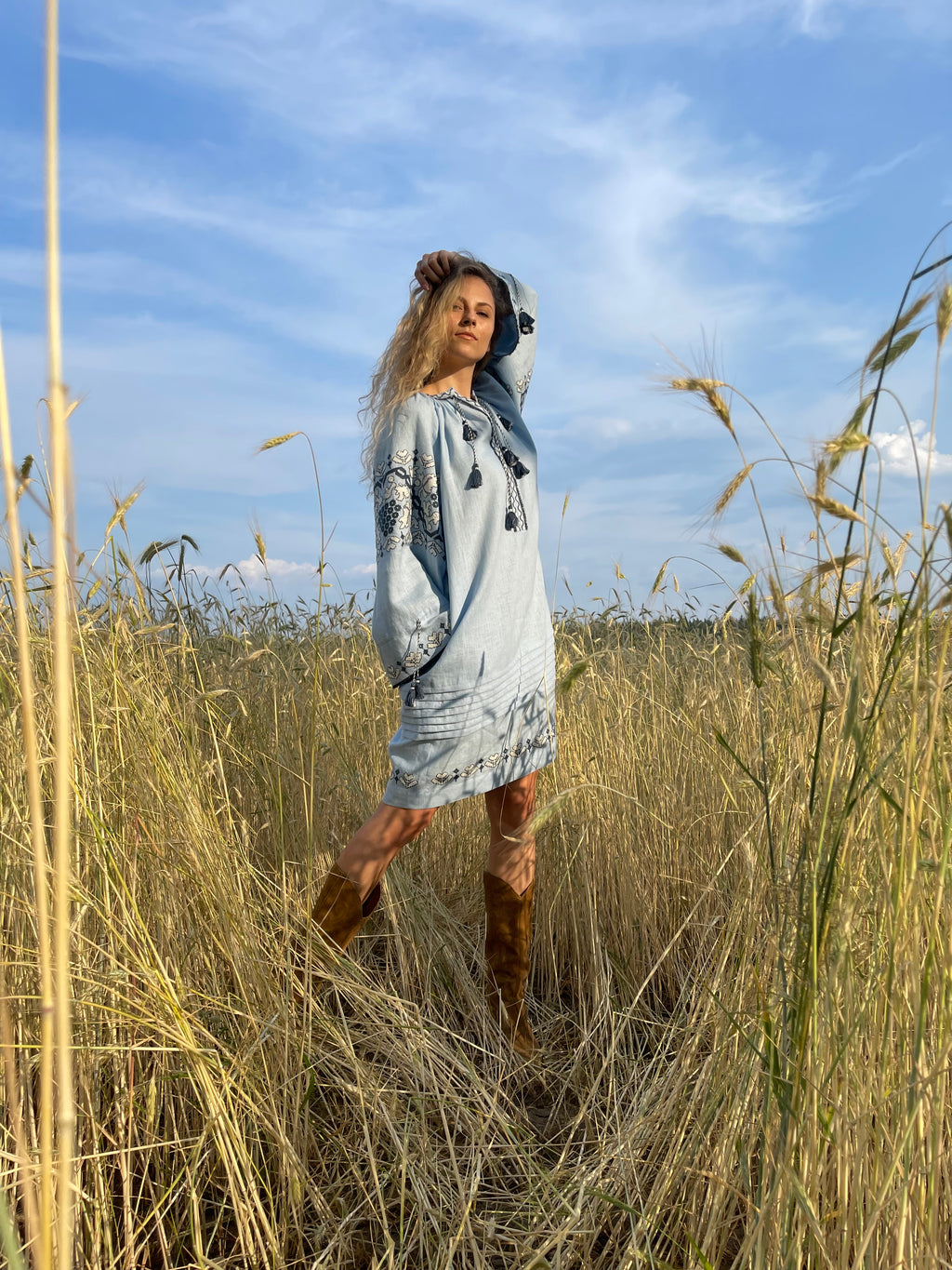 Blue Hand-Embroidered Linen Dress