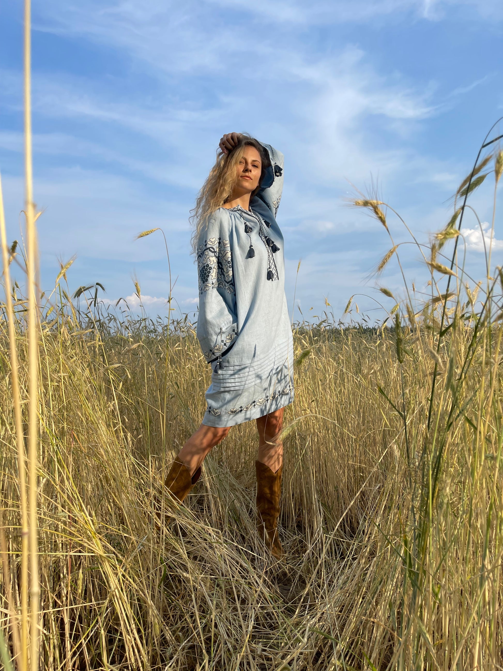 Blue Hand-Embroidered Linen Dress
