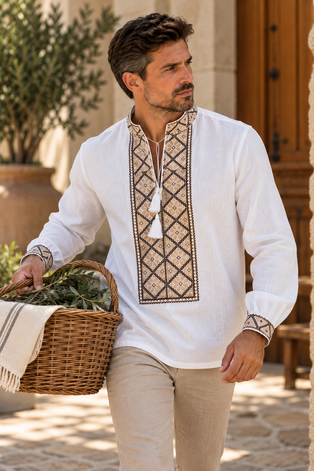 Men's White Ukrainian Vyshyvanka with Brown & Beige Geometric Embroidery