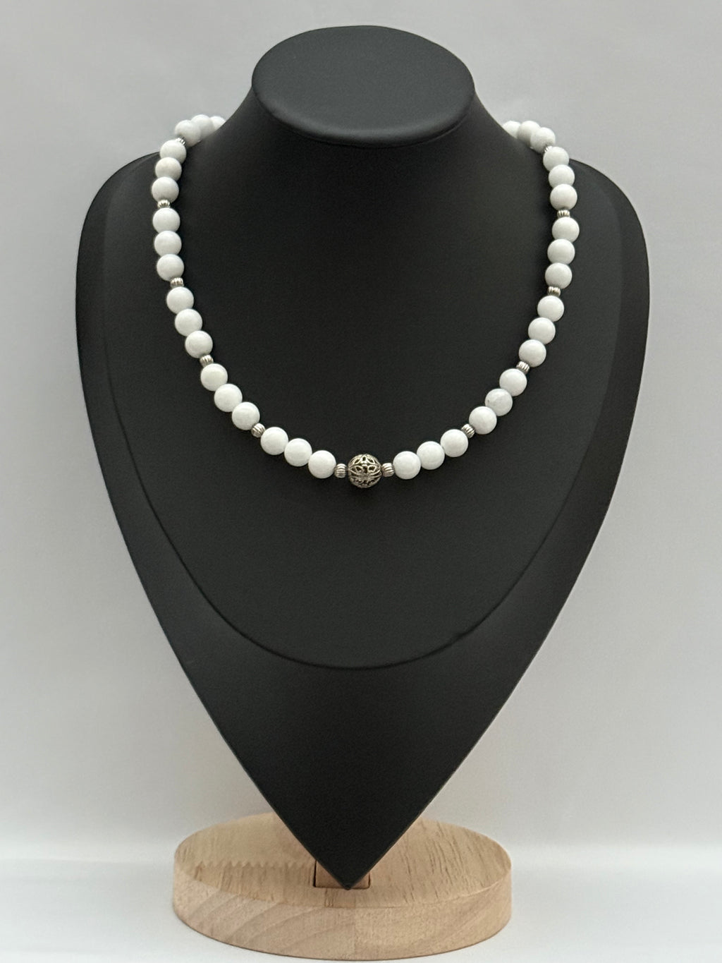White Quartz Necklace with Metal Center Bead | Single Strand