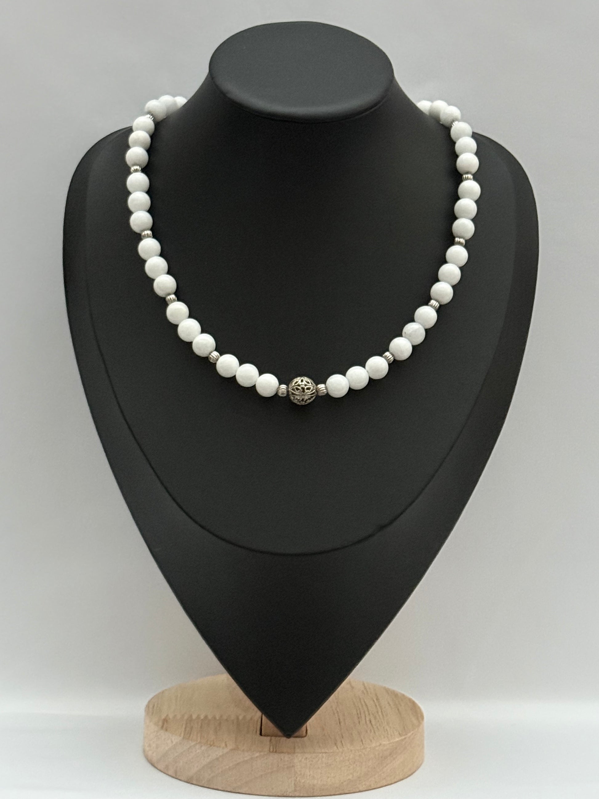 White Quartz Necklace with Metal Center Bead | Single Strand
