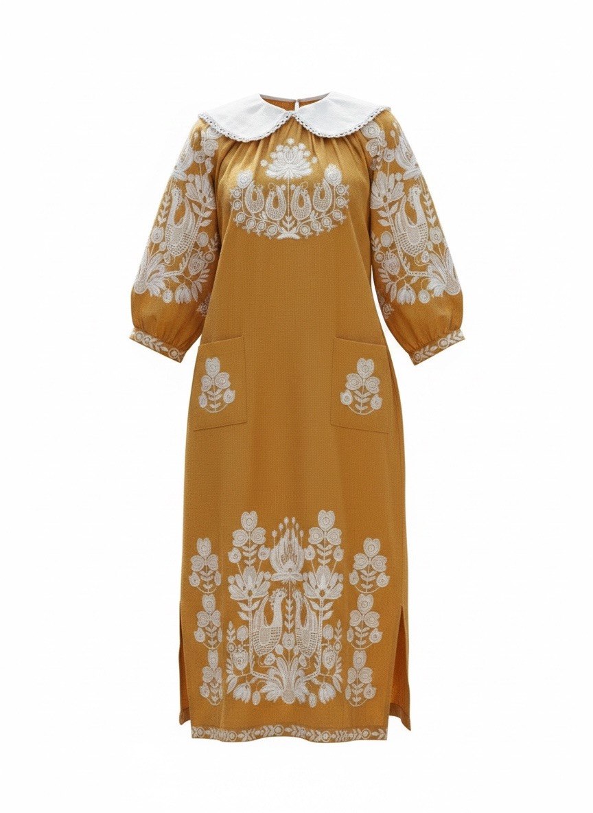 Women's Mustard Midi Embroidered Dress with White Floral Embroidery