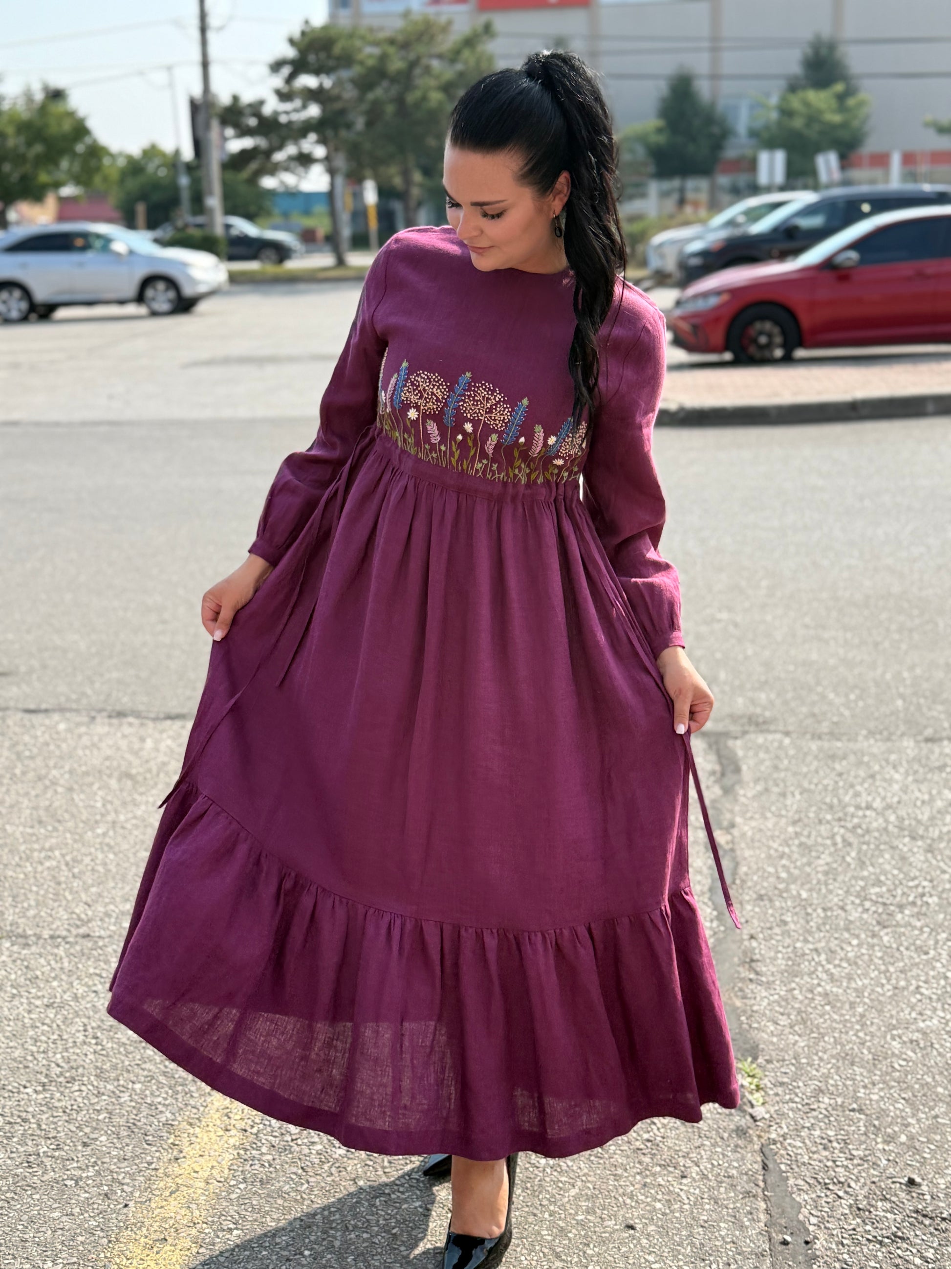 Linen Maxi Dress with Hand Embroidery of Wildflowers