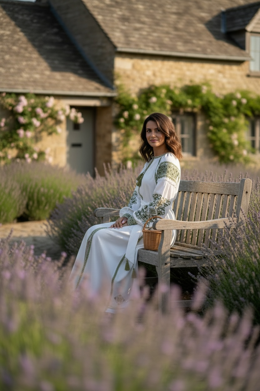 Embroidered dress "Elegance" (white/green)