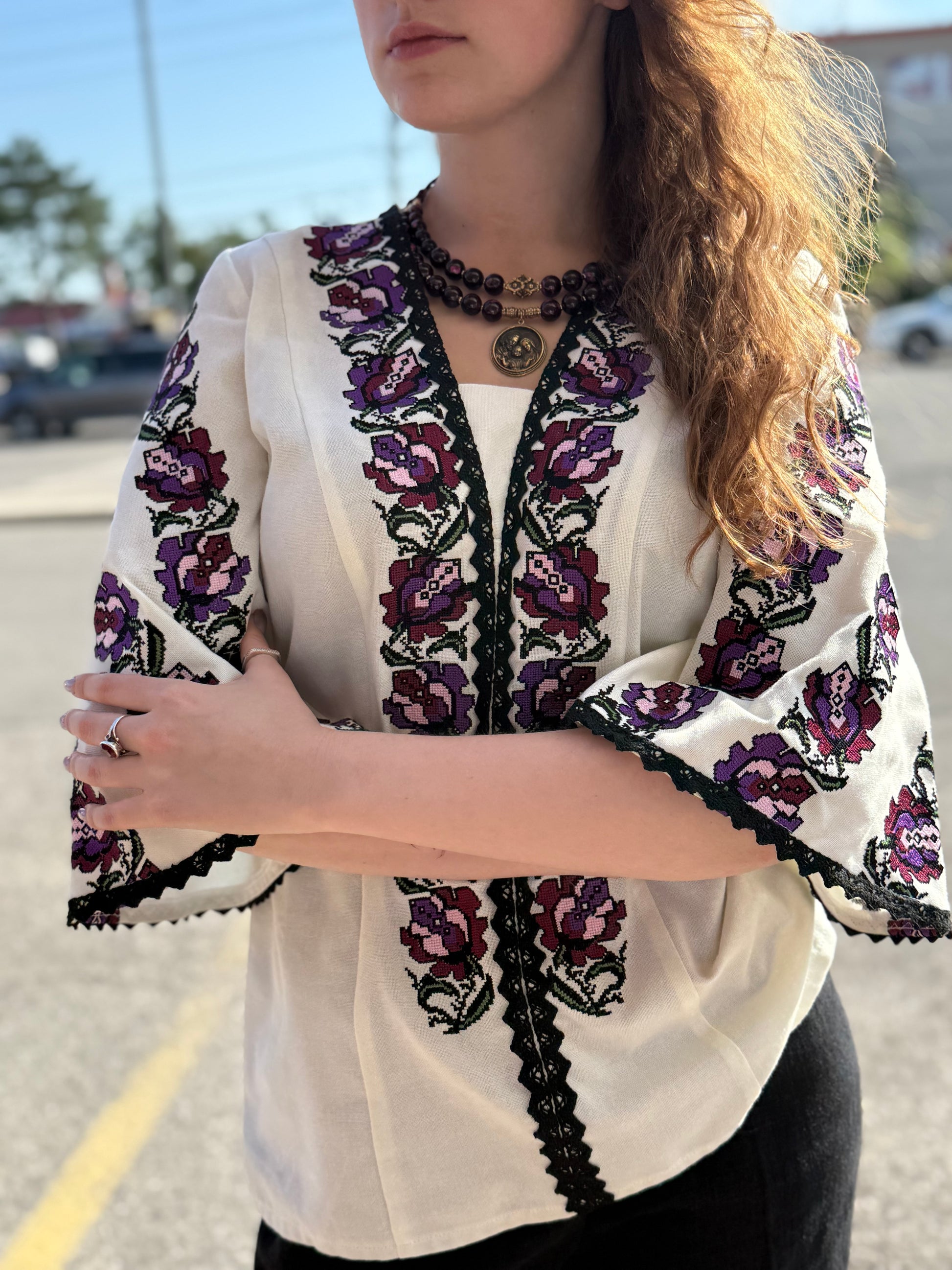 Women’s Embroidered Shirt "Tulips" – Cream Ukrainian Vyshyvanka with 3/4 Flared Sleeves