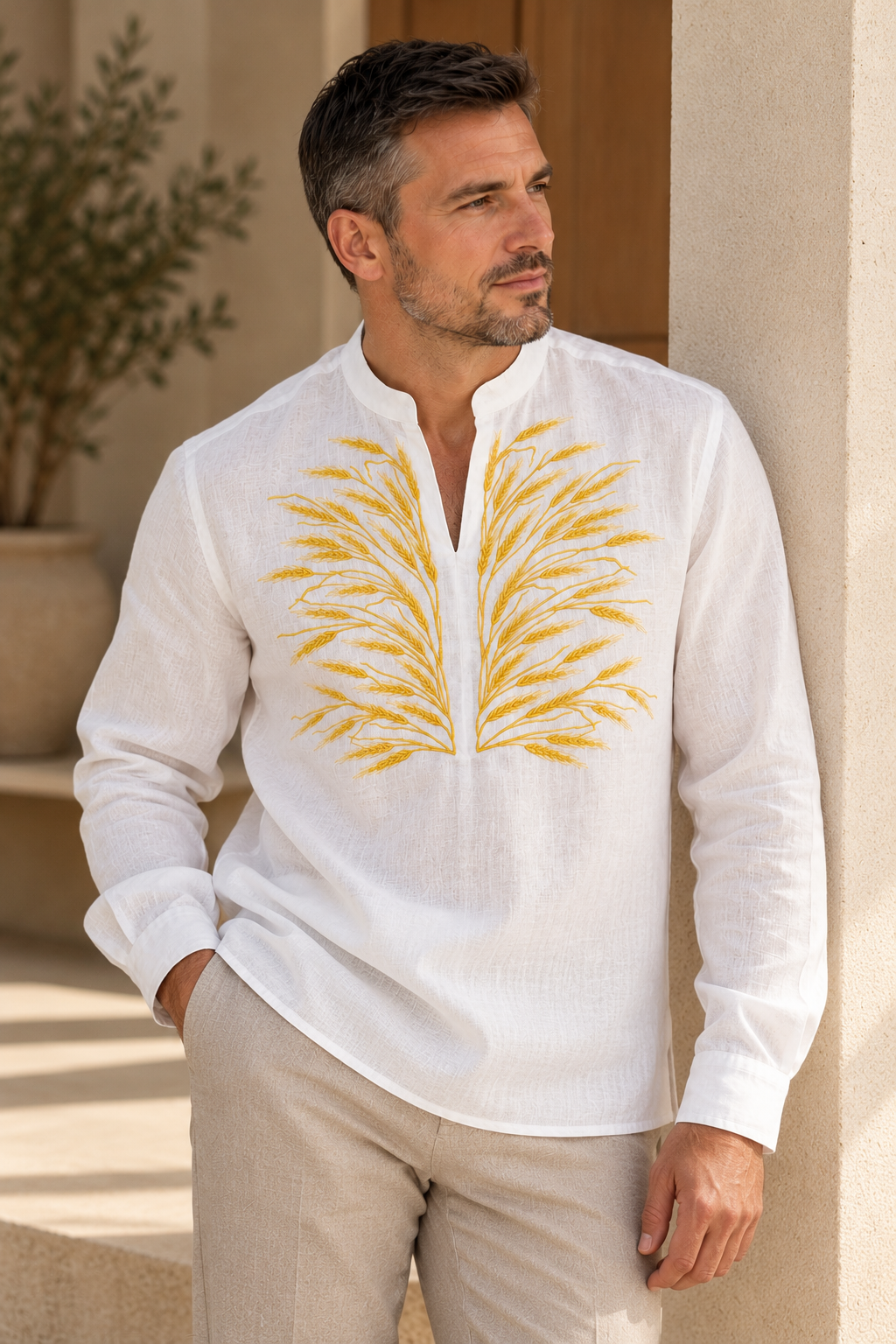 Men's White Ukrainian Embroidered Shirt with Golden Wheat Motifs