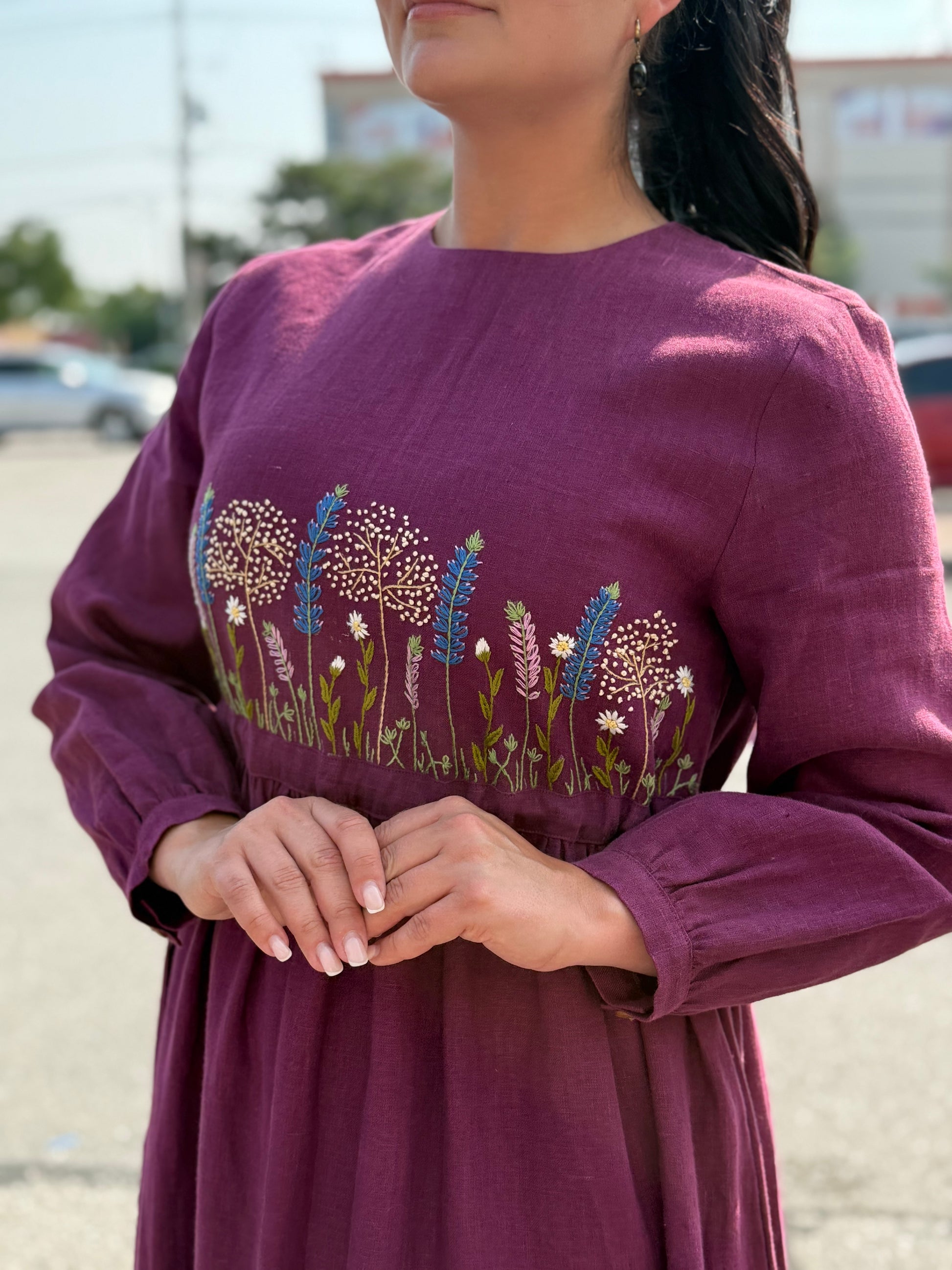 Linen Maxi Dress with Hand Embroidery of Wildflowers