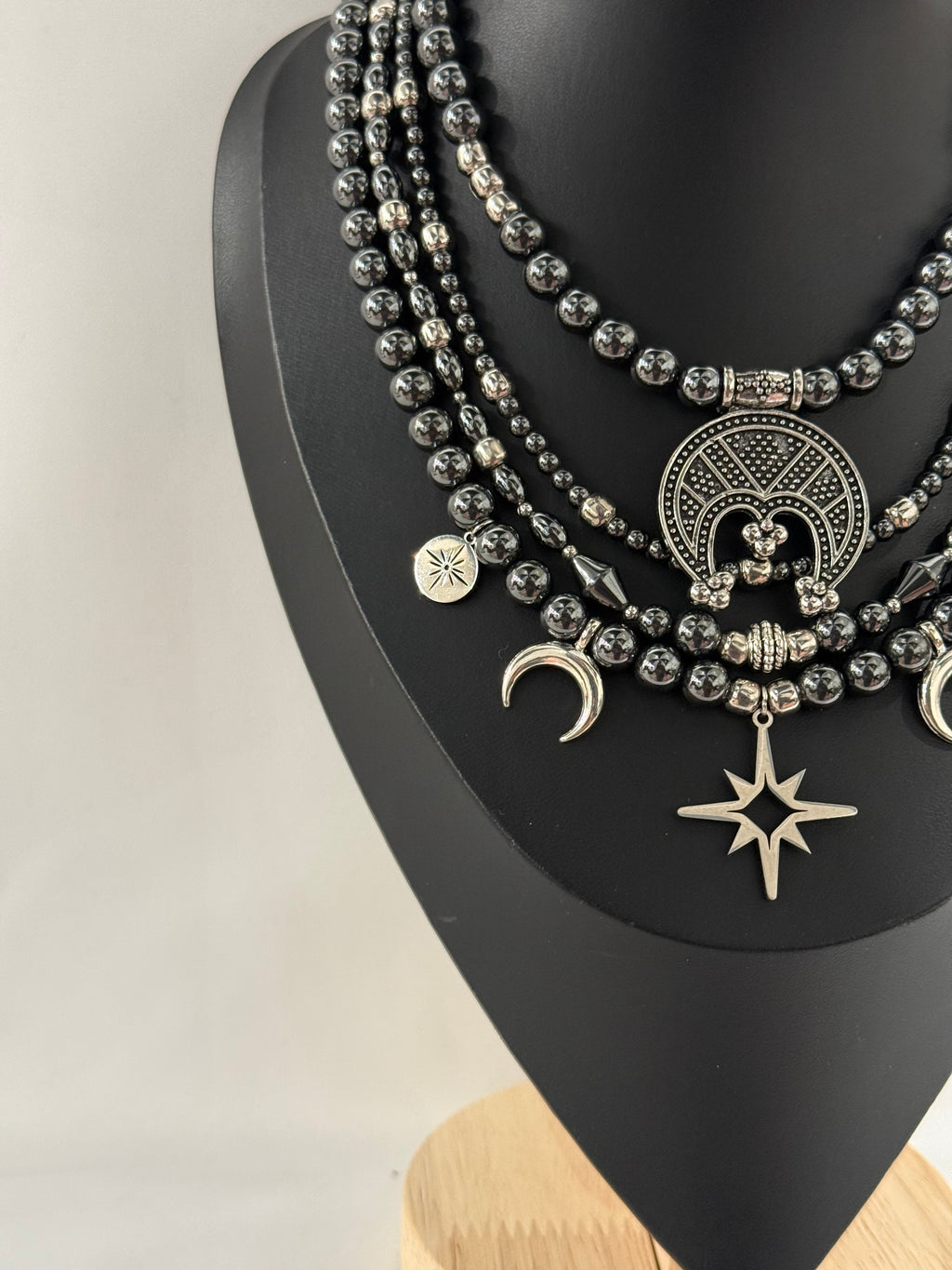 Single-Strand Gray Hematite Bead Necklace with Lunula Pendant