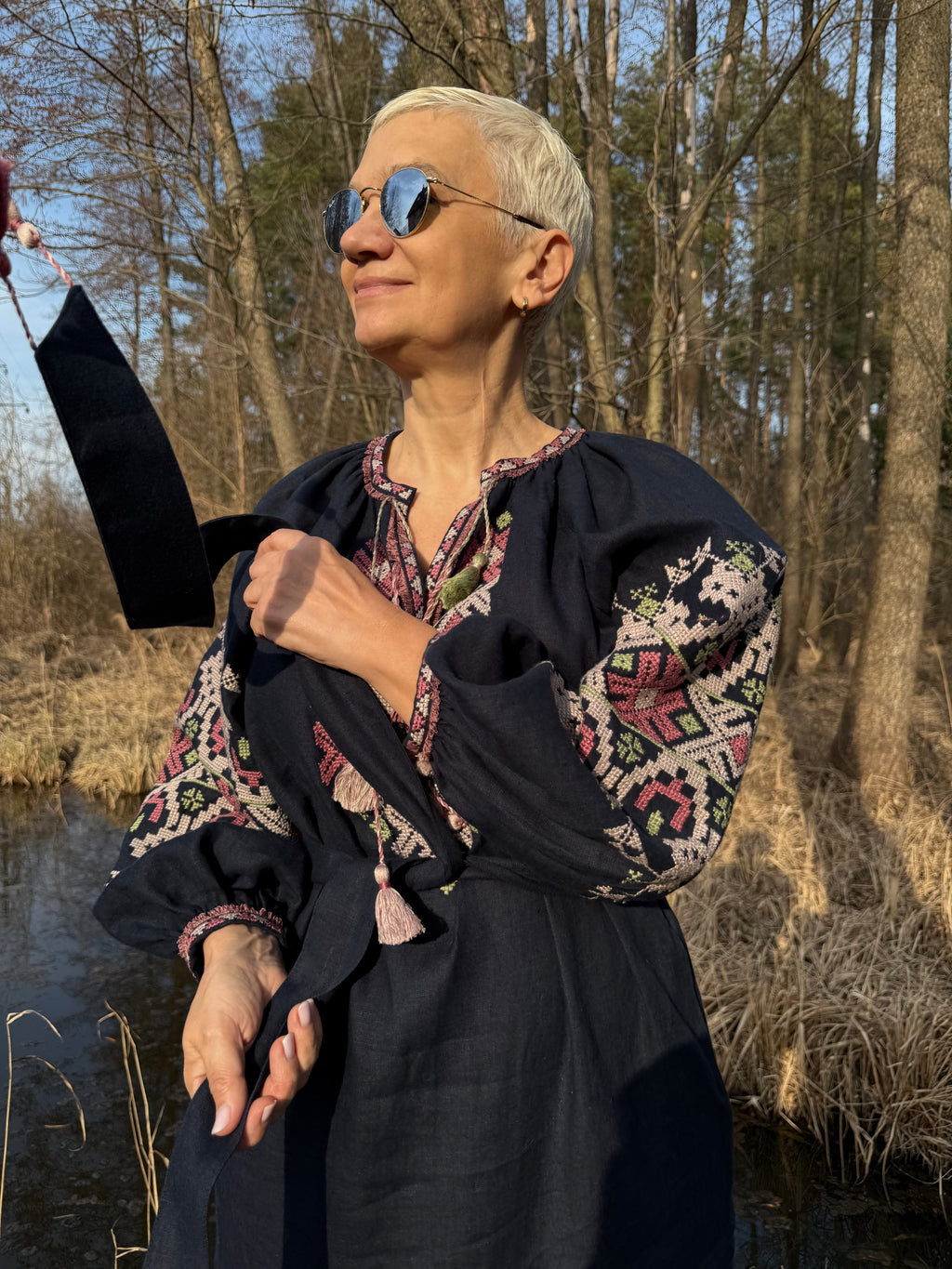 Hand-Embroidered Dark Blue Linen Dress