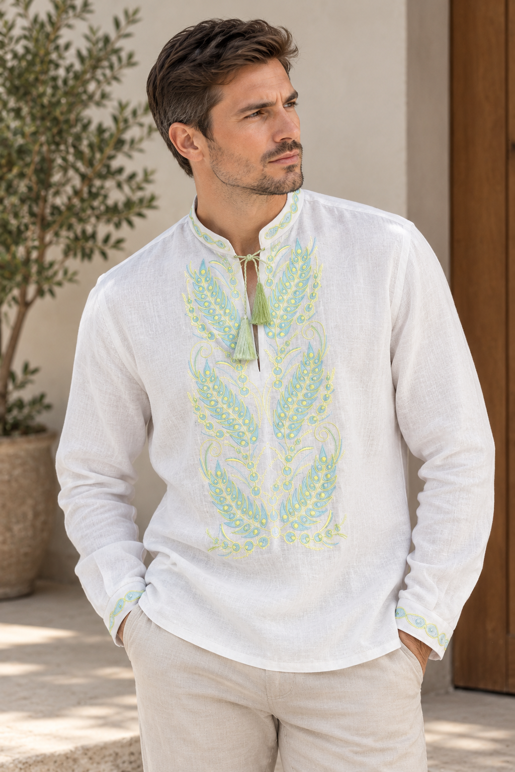 Men's White Ukrainian Vyshyvanka with Light Blue & Green Wheat Embroidery