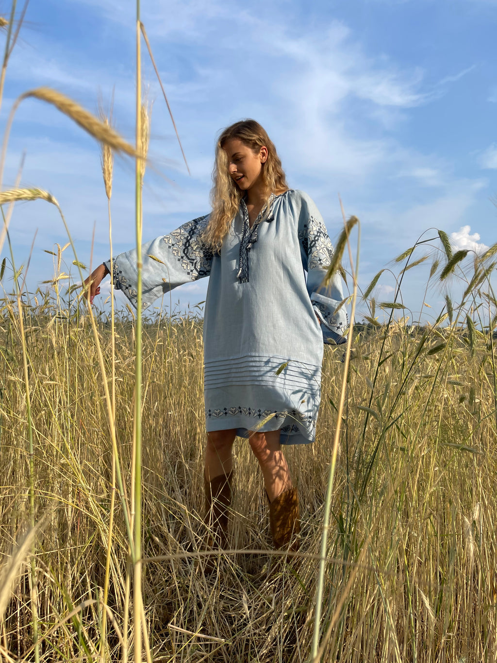 Blue Hand-Embroidered Linen Dress