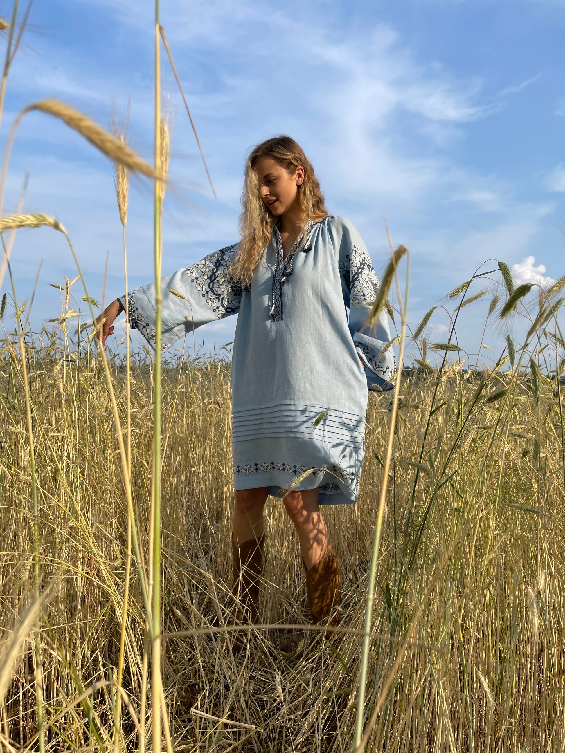 Blue Hand-Embroidered Linen Dress
