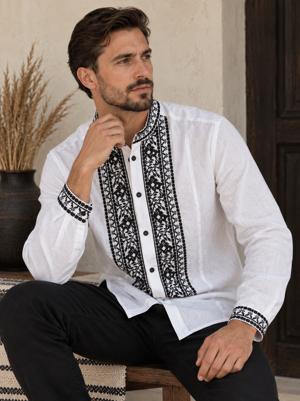 Men’s White Linen Vyshyvanka with Black & Silver Embroidery