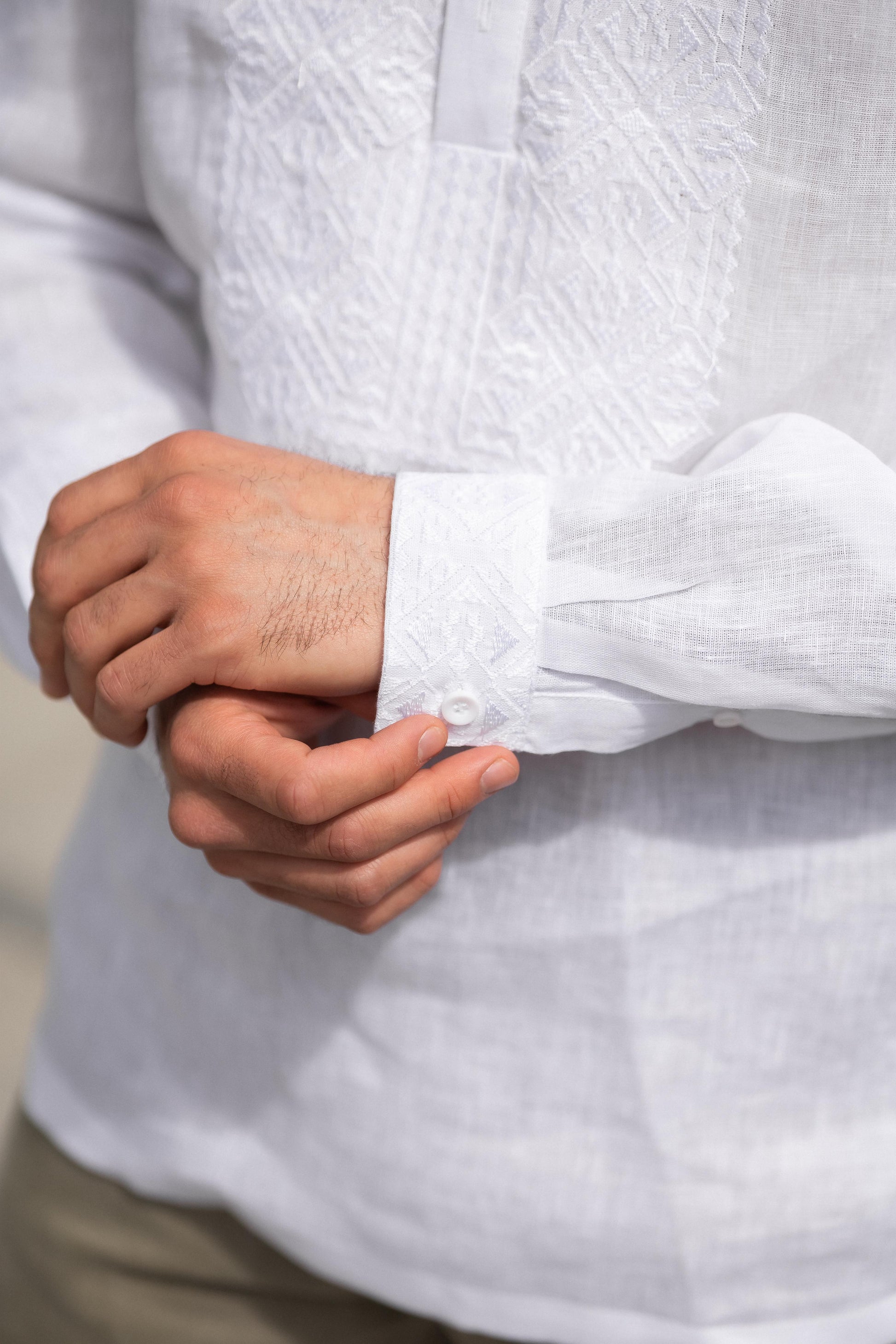 Men’s White Linen Embroidered Shirt (Roll-Up Sleeves)