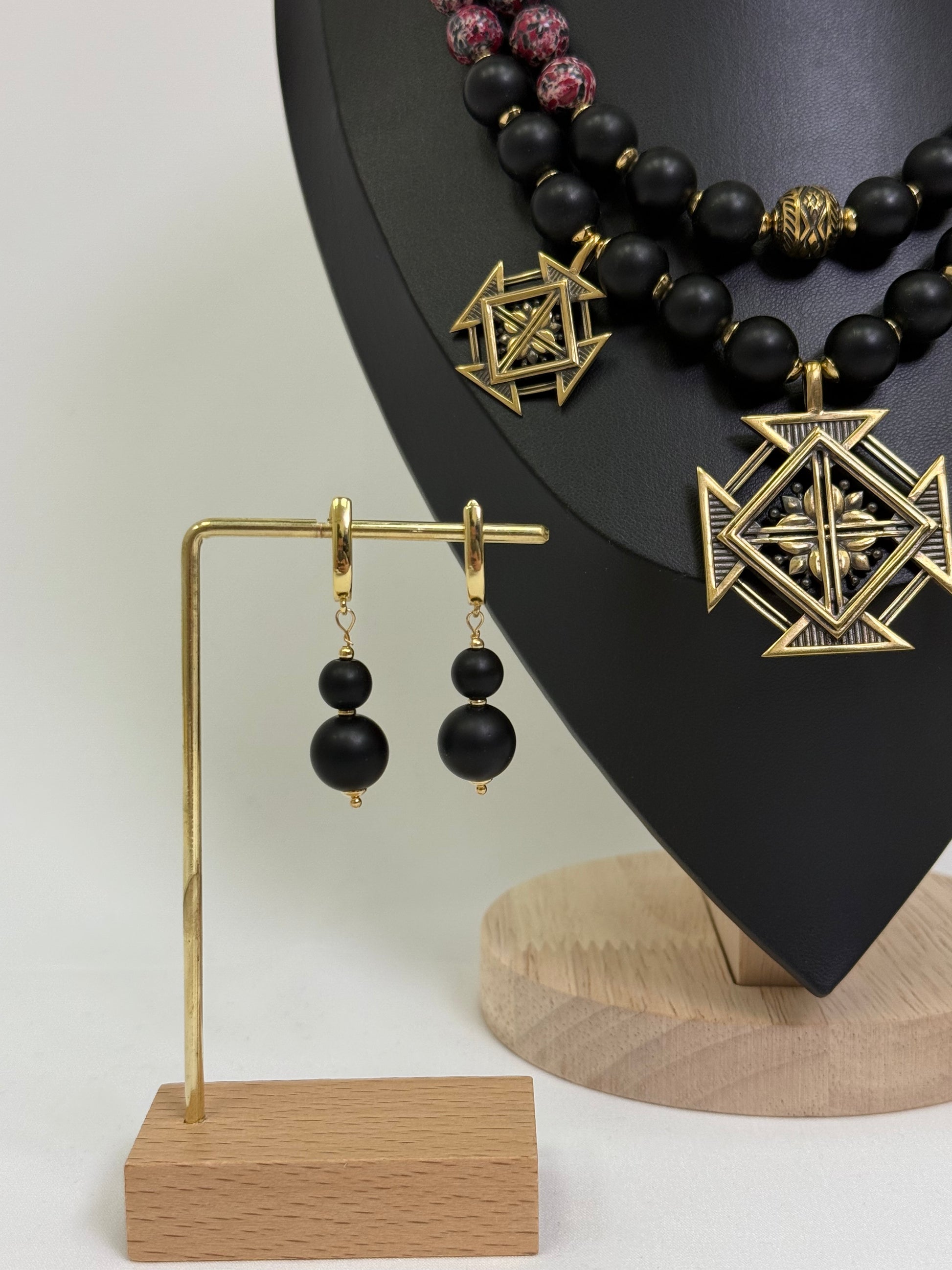 Natural Burgundy-Black Stone Necklace with Brass 'Khrestovi' Zgardas