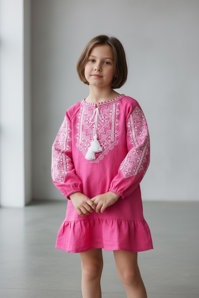 Girls Pink Linen Vyshyvanka Dress Long Sleeve In Ukrainian Traditions