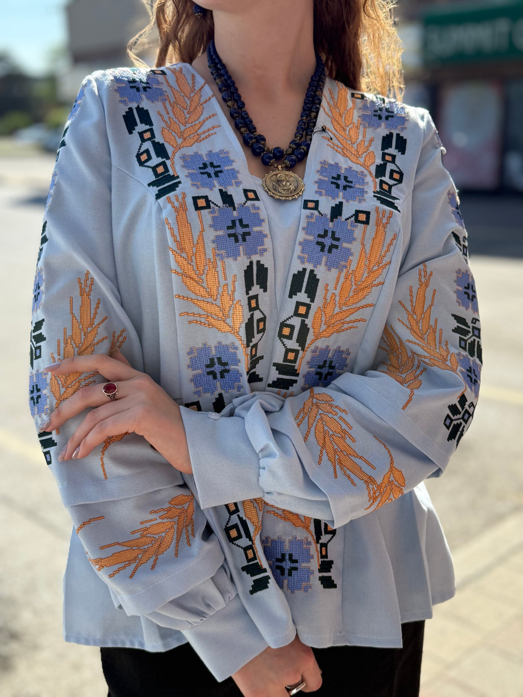 Women’s Embroidered Shirt "Cornflowers" – Light Blue Ukrainian Vyshyvanka with Floral Motifs
