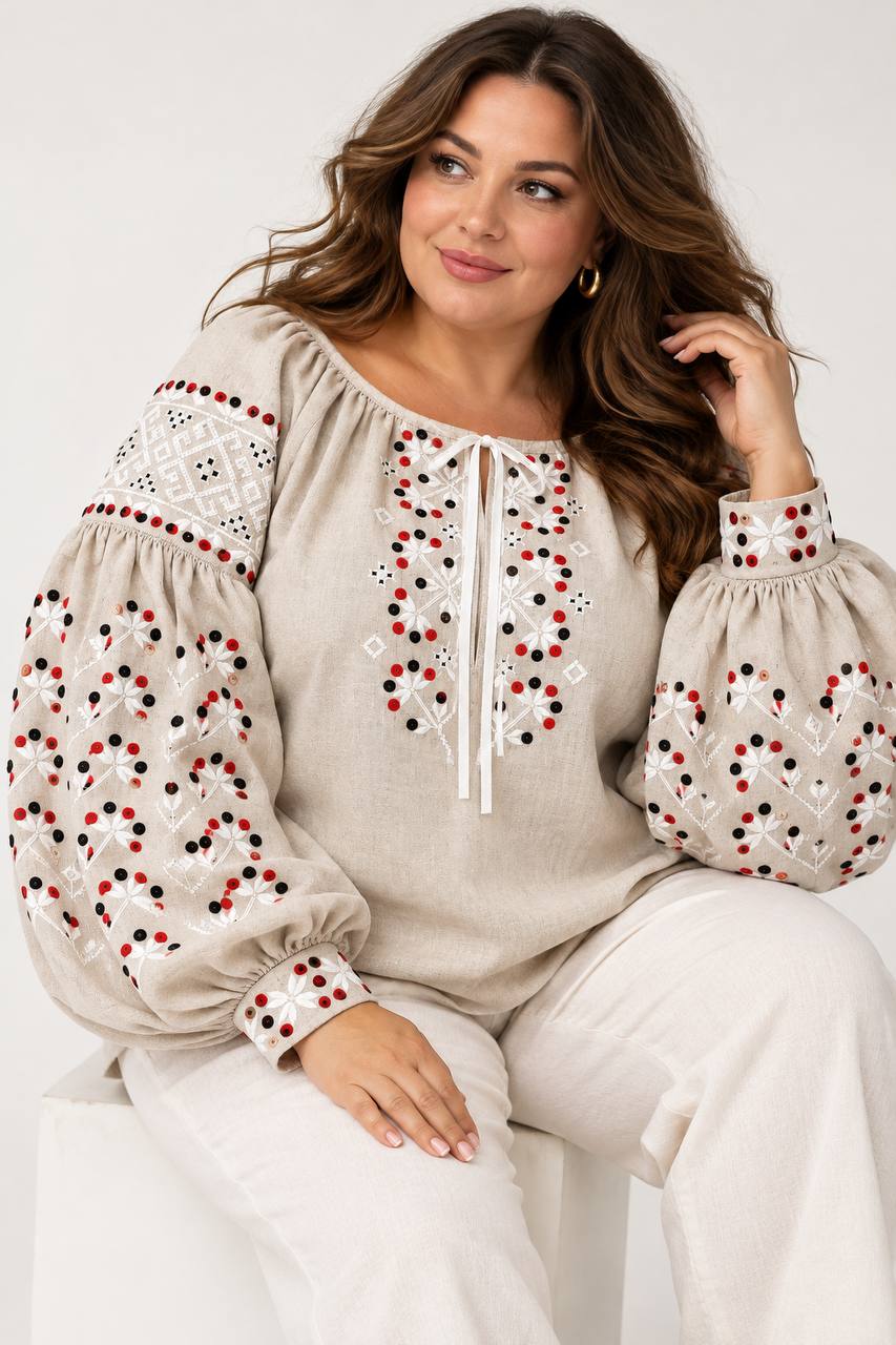 Women's Natural Beige Linen Vyshyvanka with Red & Black Embroidery
