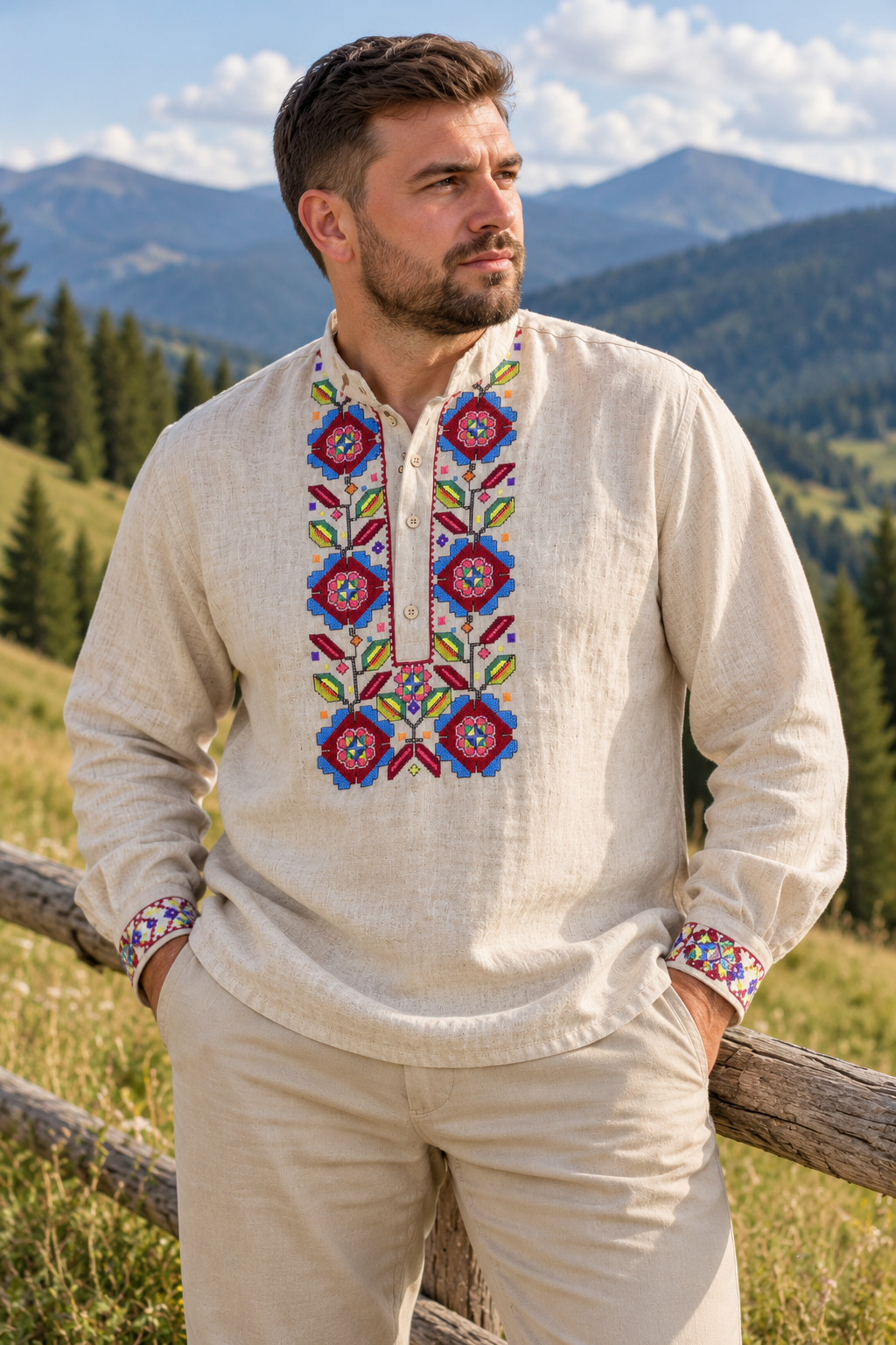 Men's Natural Beige Linen Vyshyvanka with Colourful Embroidery