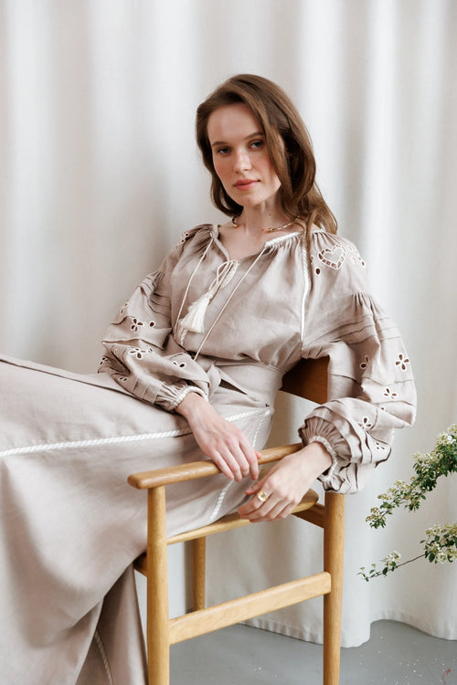 Adel Linen Embroidered Dress – Coffee with Milk
