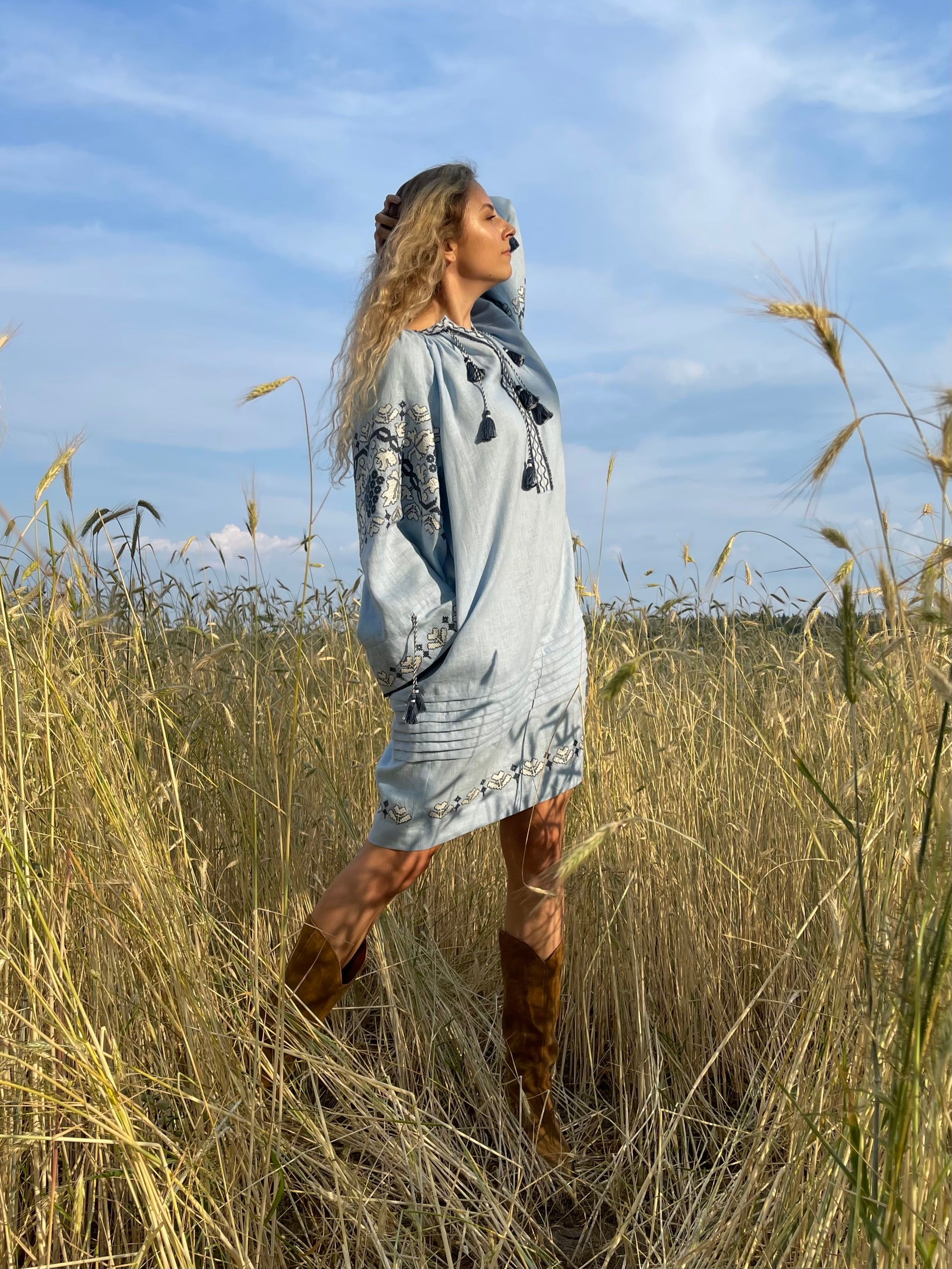 Blue Hand-Embroidered Linen Dress