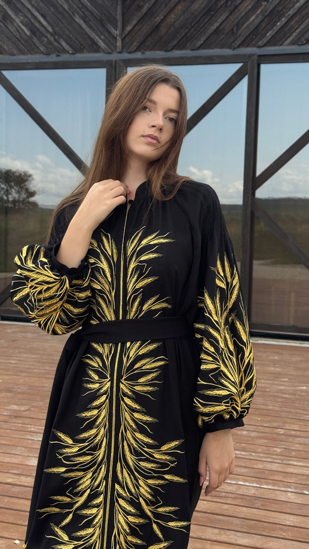 Black Linen Dress with Wheat Embroidery