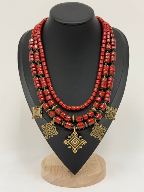 3-row Red Necklace from Kosiv Ceramics with Brass Zgardas