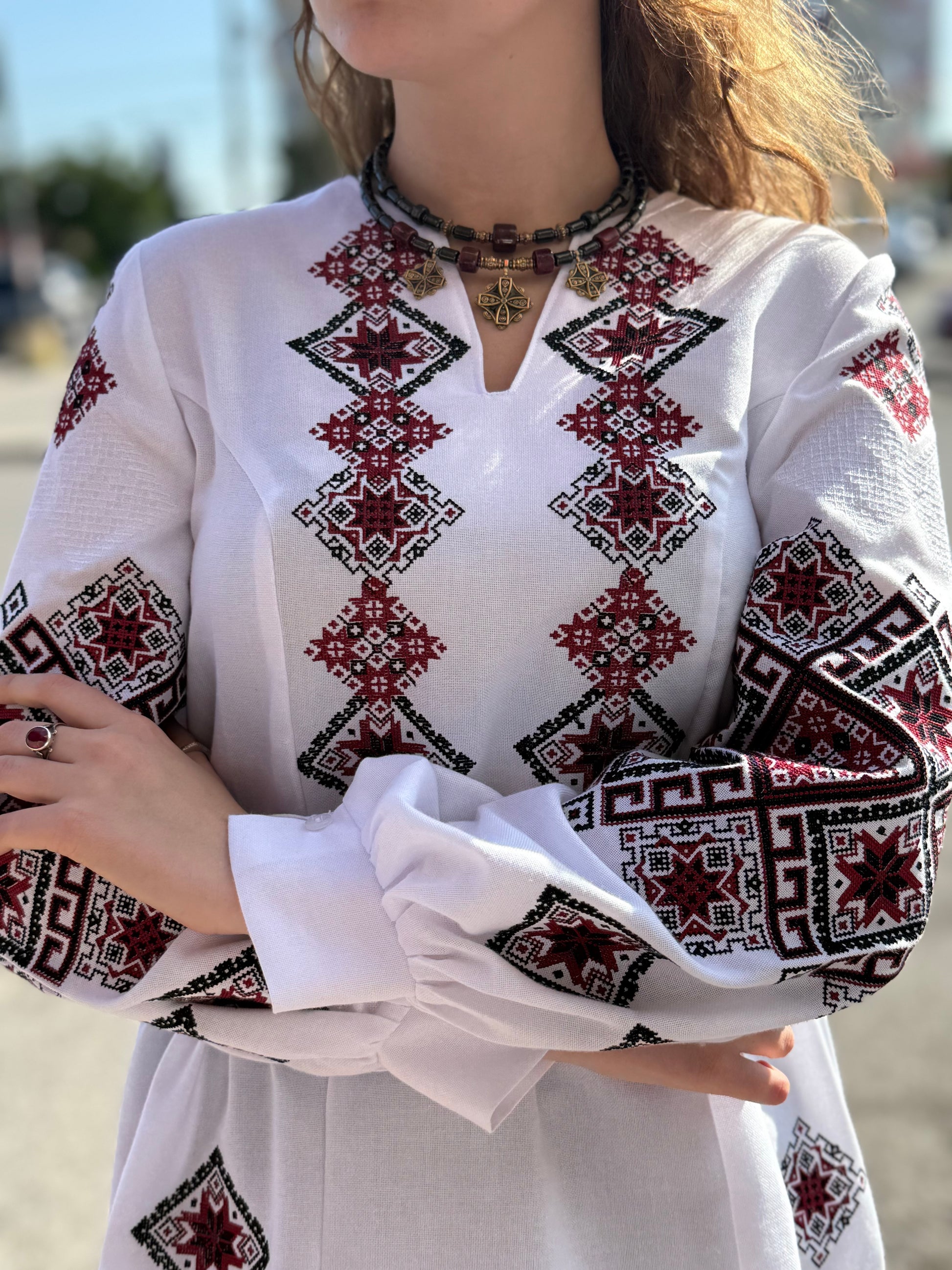 Women’s Embroidered Shirt "Red Star" – White Ukrainian Vyshyvanka with Red and Black Embroidery