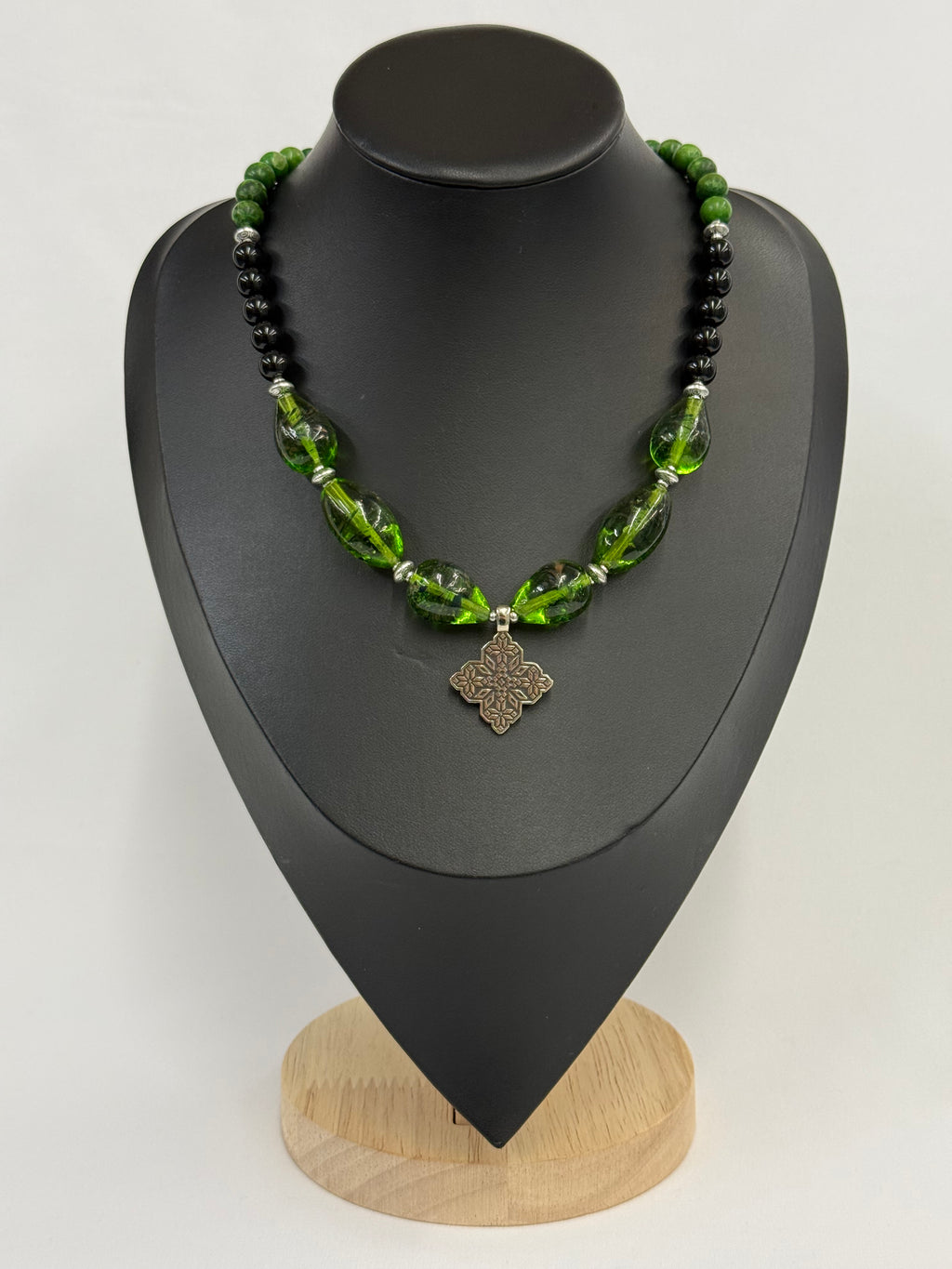 Jade, Black Agate & Murano Glass Necklace with German Silver Pendant