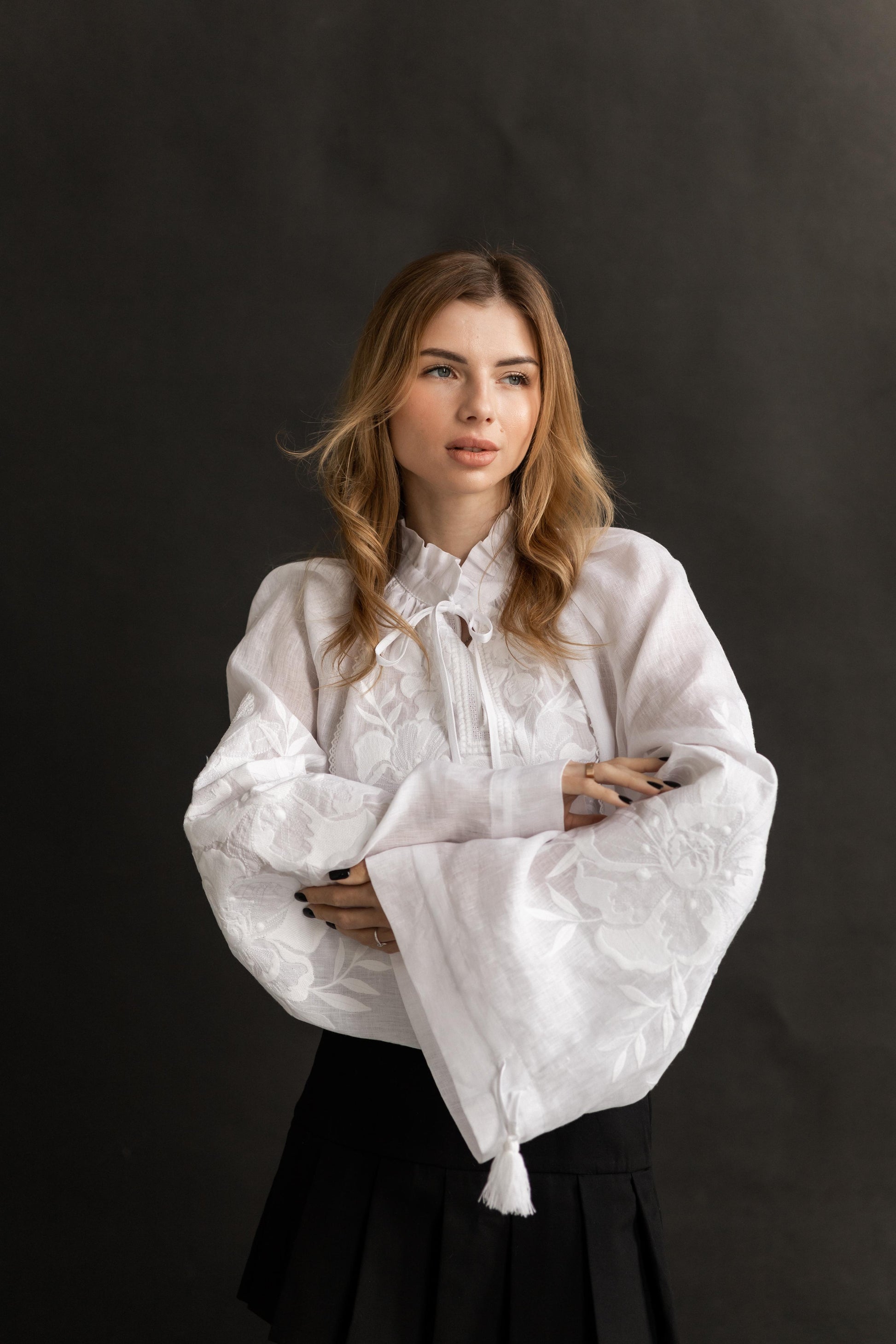 White Heavy Linen Blouse with Embroidery and Wide Sleeves